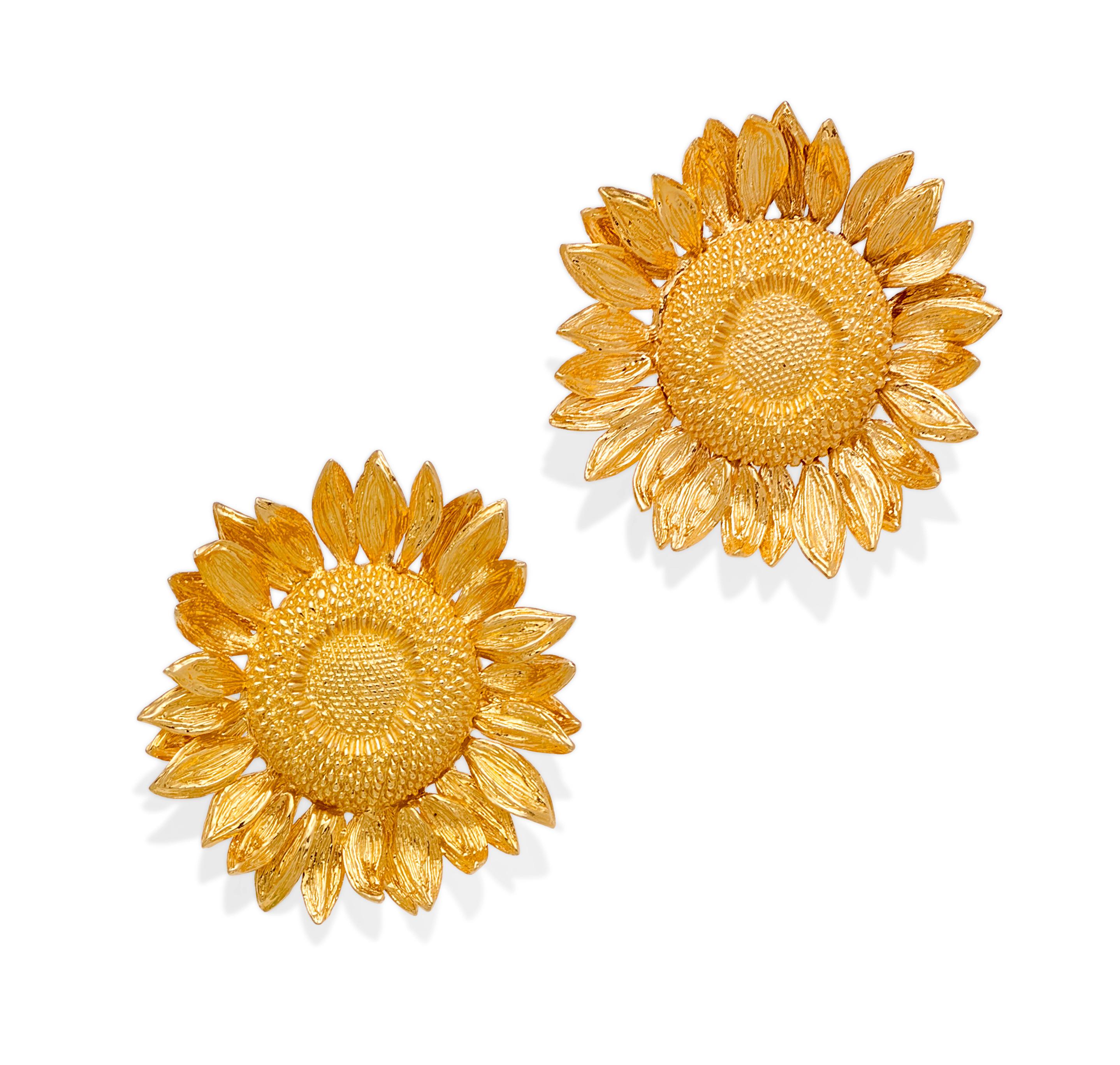 Modern Asprey 18k Gold Sunflower Brooch (50g) and 18k Gold Sunflower Ear Clips (39g) For Sale