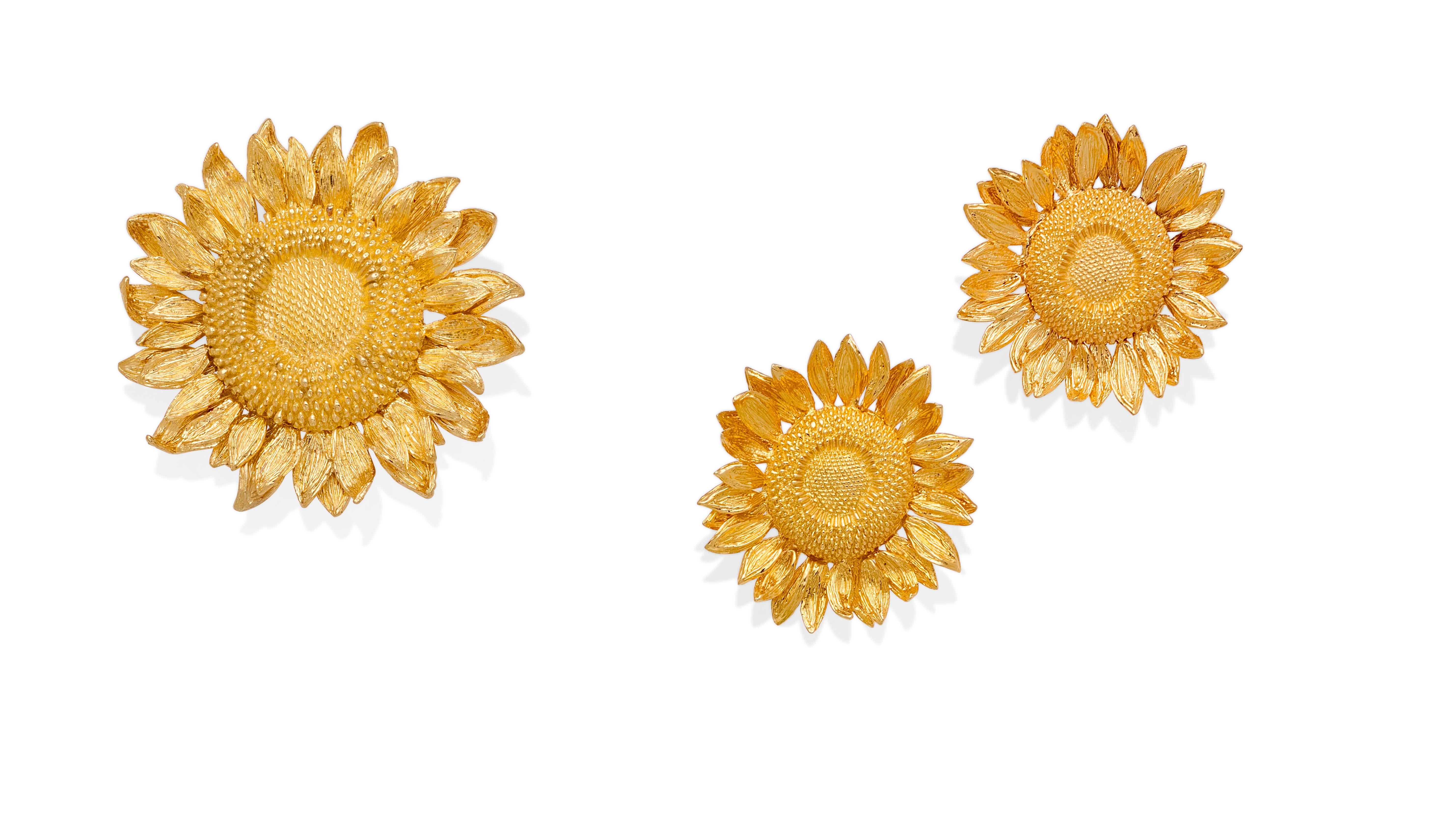 Asprey 18k Gold Sunflower Brooch (50g) and 18k Gold Sunflower Ear Clips (39g) In Good Condition For Sale In Sherman Oaks, CA