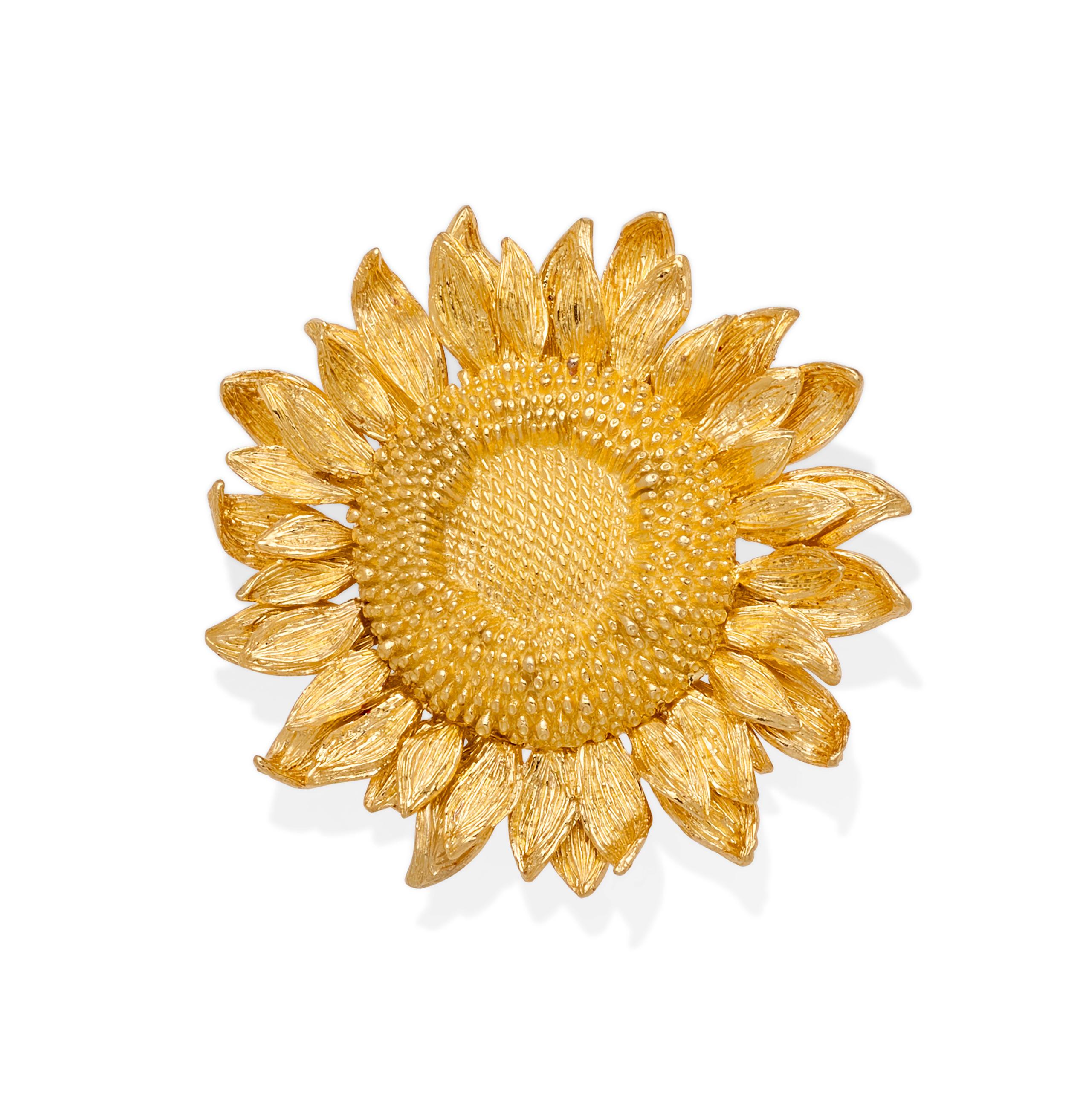 Women's or Men's Asprey 18k Gold Sunflower Brooch (50g) and 18k Gold Sunflower Ear Clips (39g) For Sale