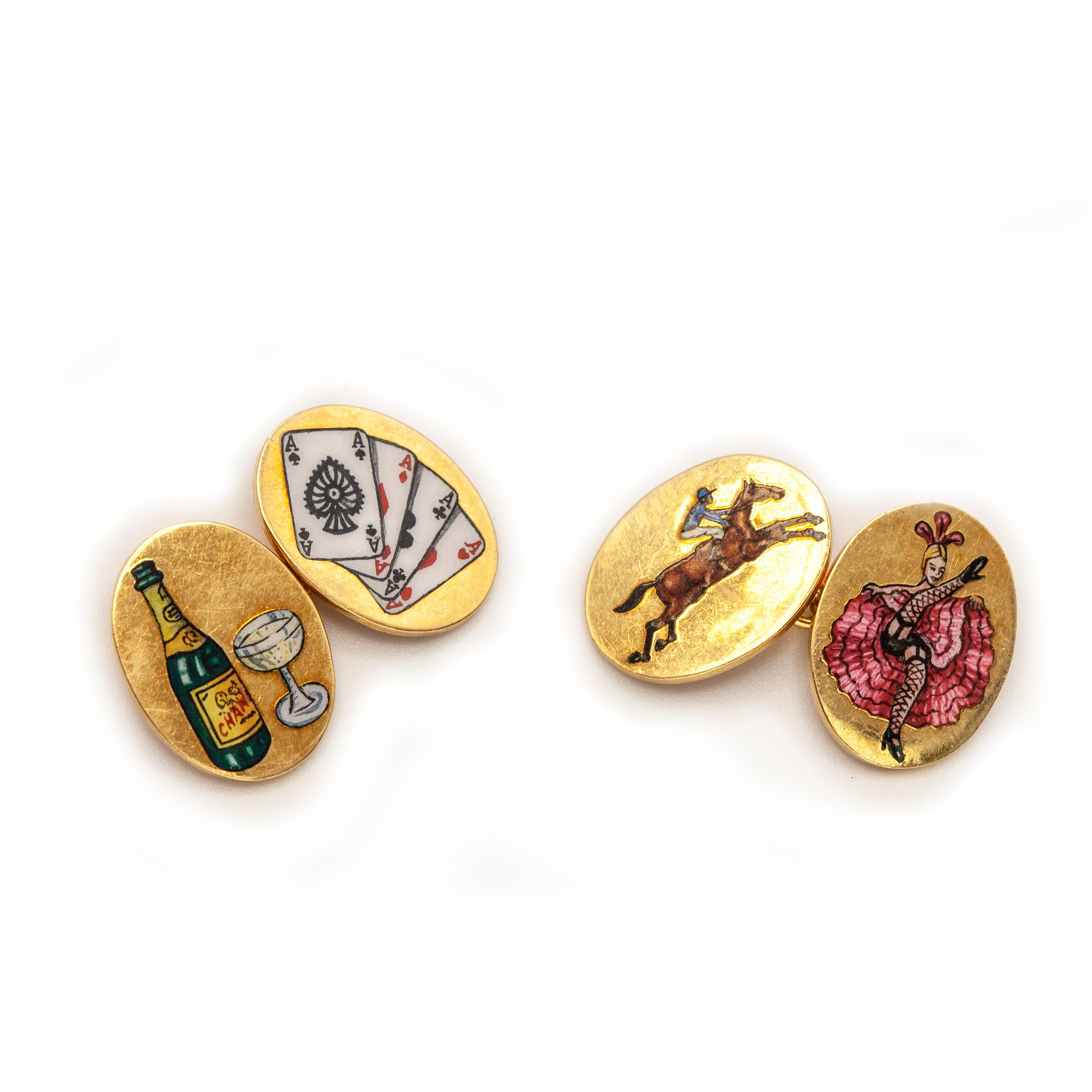 Rare 1930s Asprey The Four Vices double sided enamel 18K  yellow gold cufflinks with gambling, women, alcohol and sport in enamel

Approximate Weight: 14.9g
Approximate Measurement: 18.5mm x 14.0mm
Marked: Asprey D&F Maker's marks 750 and English