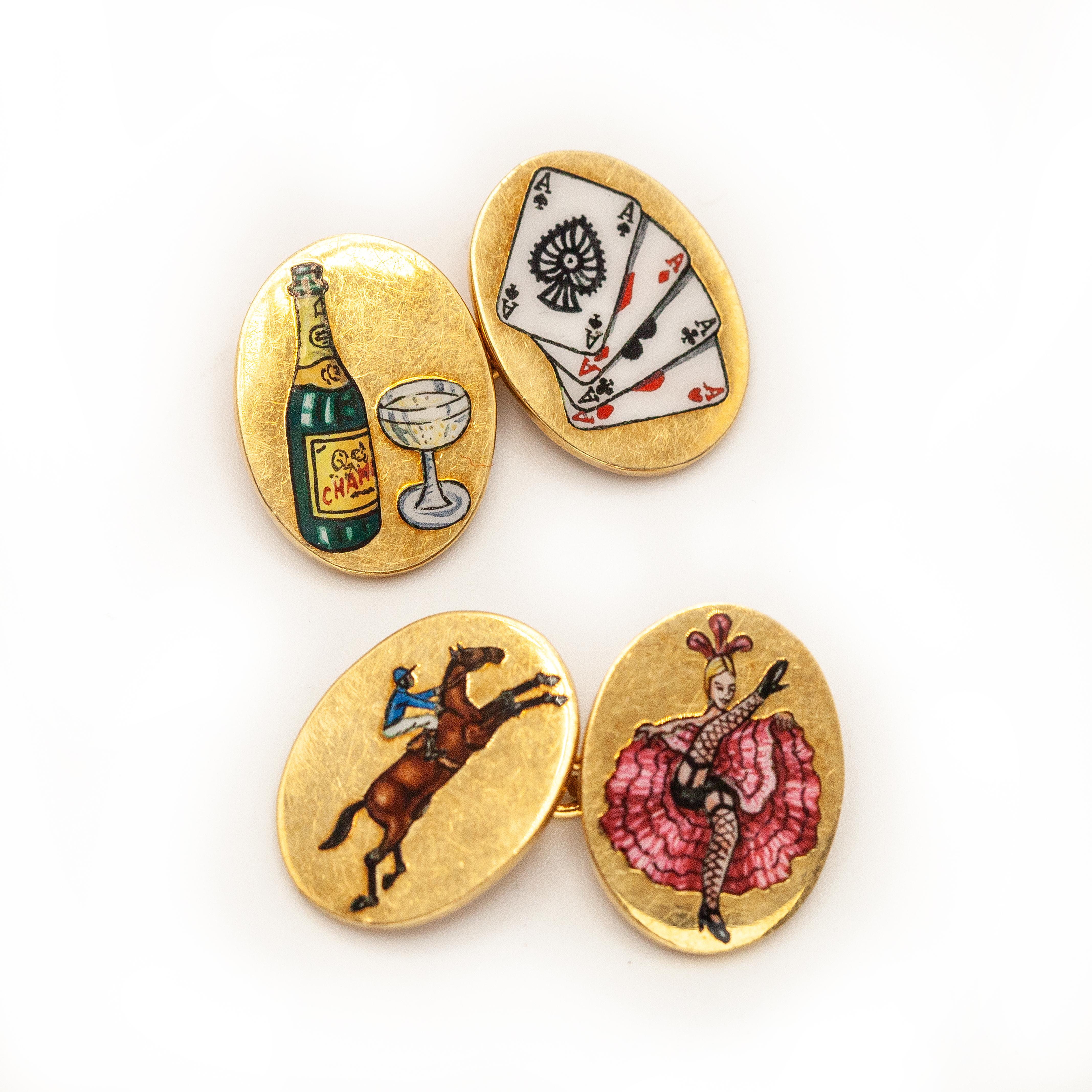 Modern Designer Asprey 18K Gold The Four Vices Enamel Cufflinks