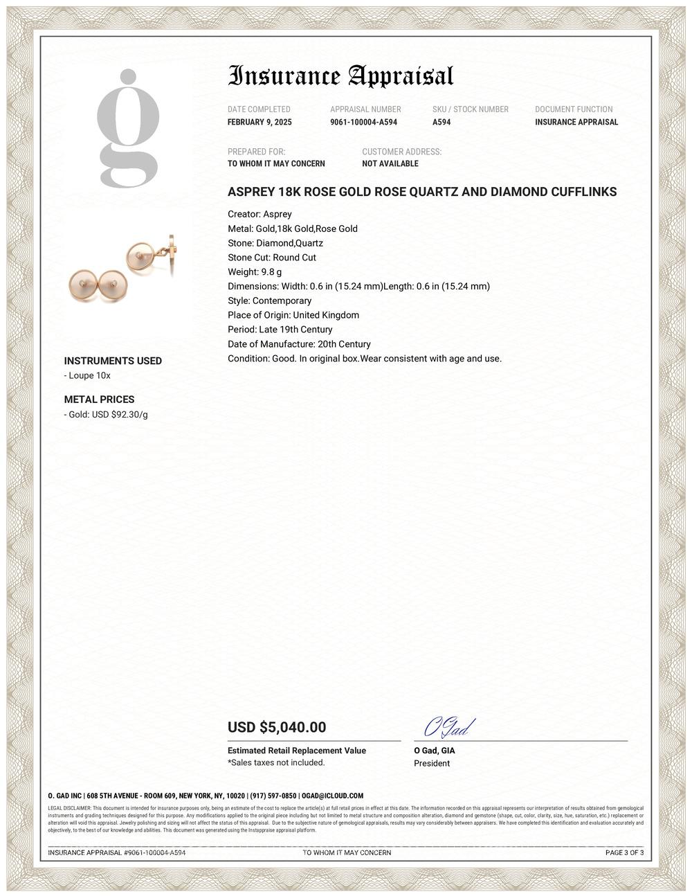 Contemporary Asprey 18K Rose Gold Rose Quartz and Diamond Cufflinks For Sale