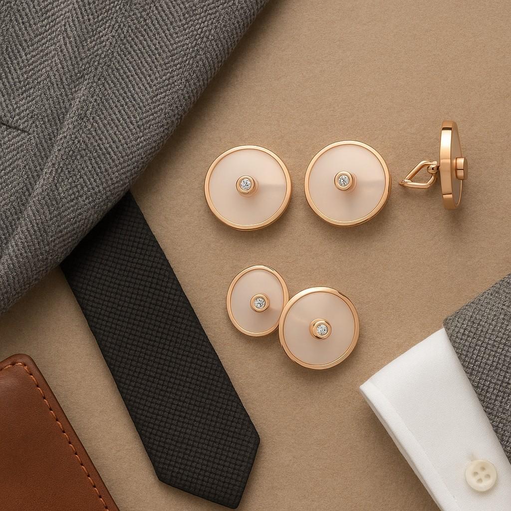 A Masterpiece of Elegance by Asprey
Elevate your formal attire with these exquisite Asprey 18K Rose Gold Cufflinks, featuring stunning rose quartz gemstones accented by brilliant diamonds. Known for over two centuries of unparalleled craftsmanship