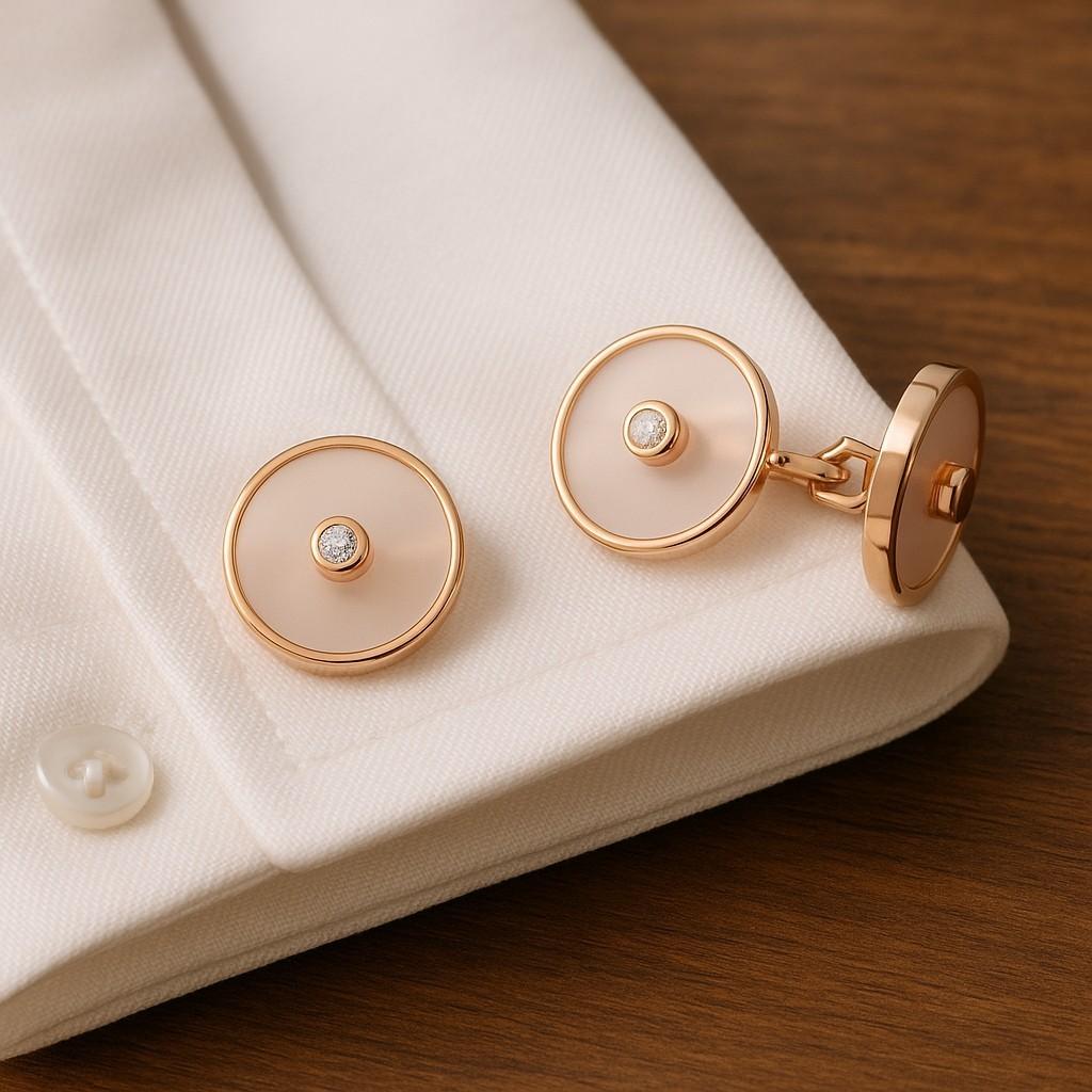 Round Cut Asprey 18K Rose Gold Rose Quartz and Diamond Cufflinks For Sale