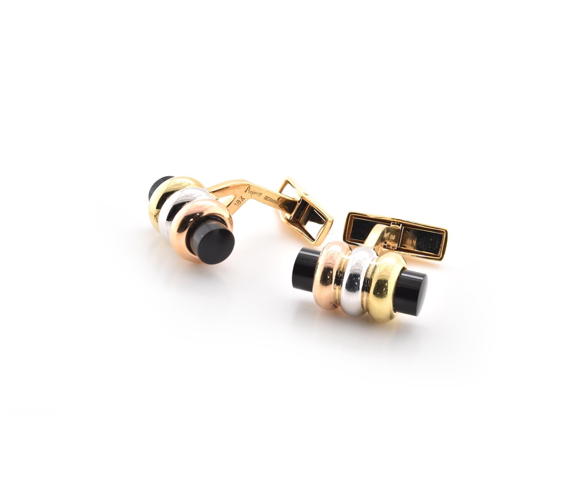 Designer: Asprey
Material: 18k white, rose, and yellow gold
Gemstone: onyx
Dimensions: cufflinks measure 19mm x 26mm
Weight: 15.48 grams
