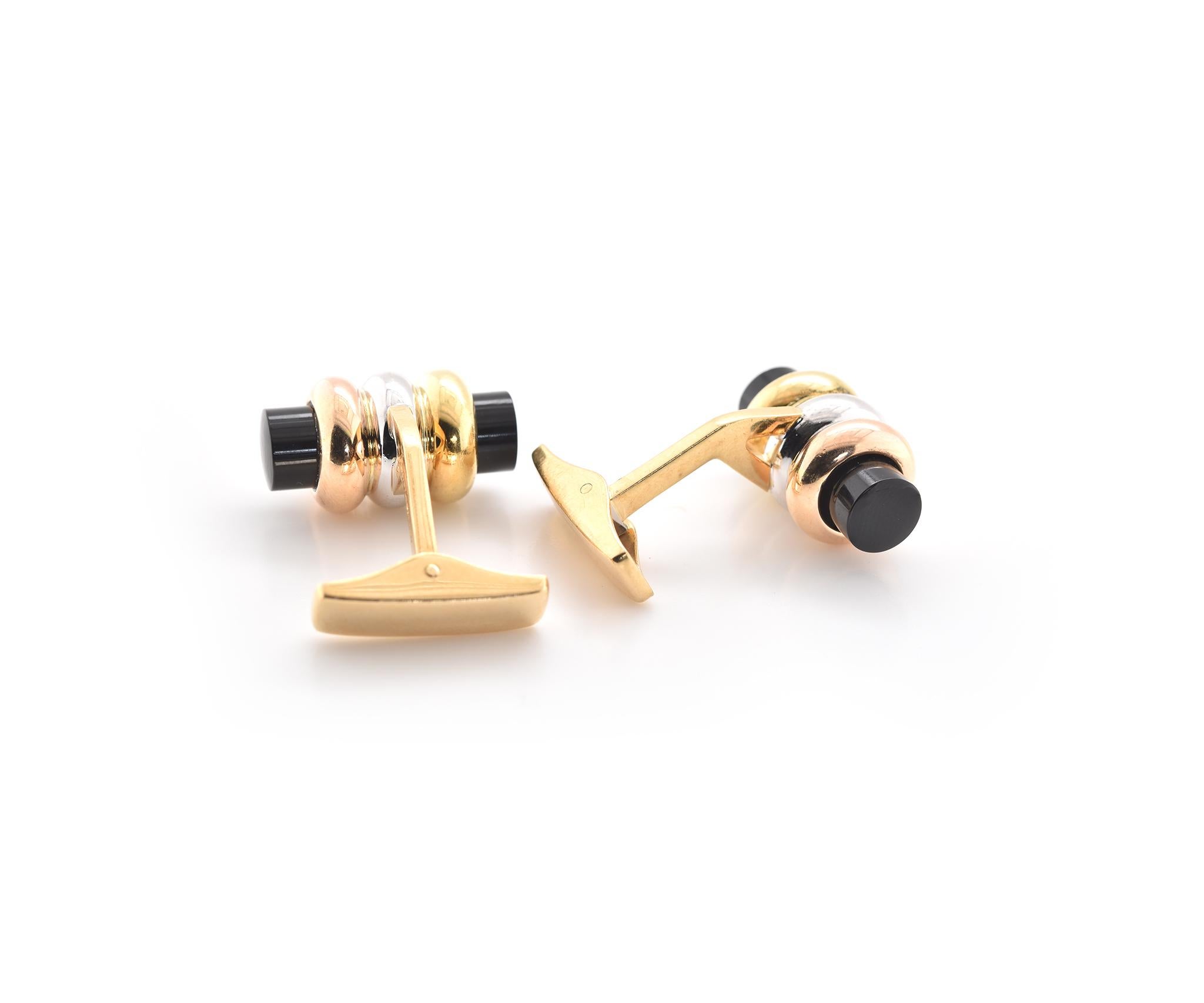 Asprey 18 Karat Tri-Tone Gold and Onyx Cufflinks In Excellent Condition For Sale In Scottsdale, AZ