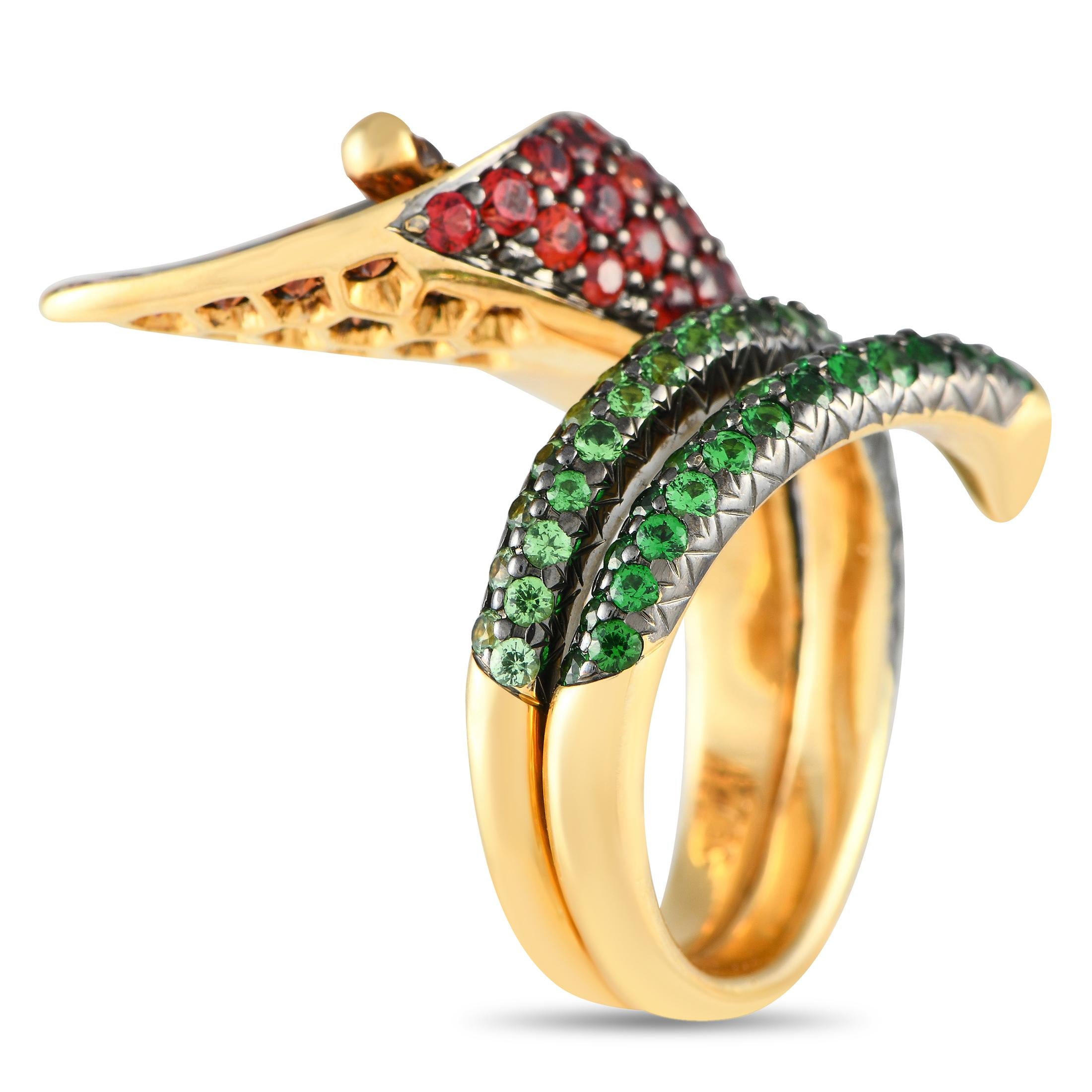 Der Ring Calla Lily von Asprey ist von außergewöhnlicher Handwerkskunst und Schönheit. Er ist mit Tsavoriten und orangefarbenen Saphiren besetzt. Der Cocktailring aus 18 Karat Gelbgold verfügt über einen zierlichen Bypass-Schaft, dessen Enden als