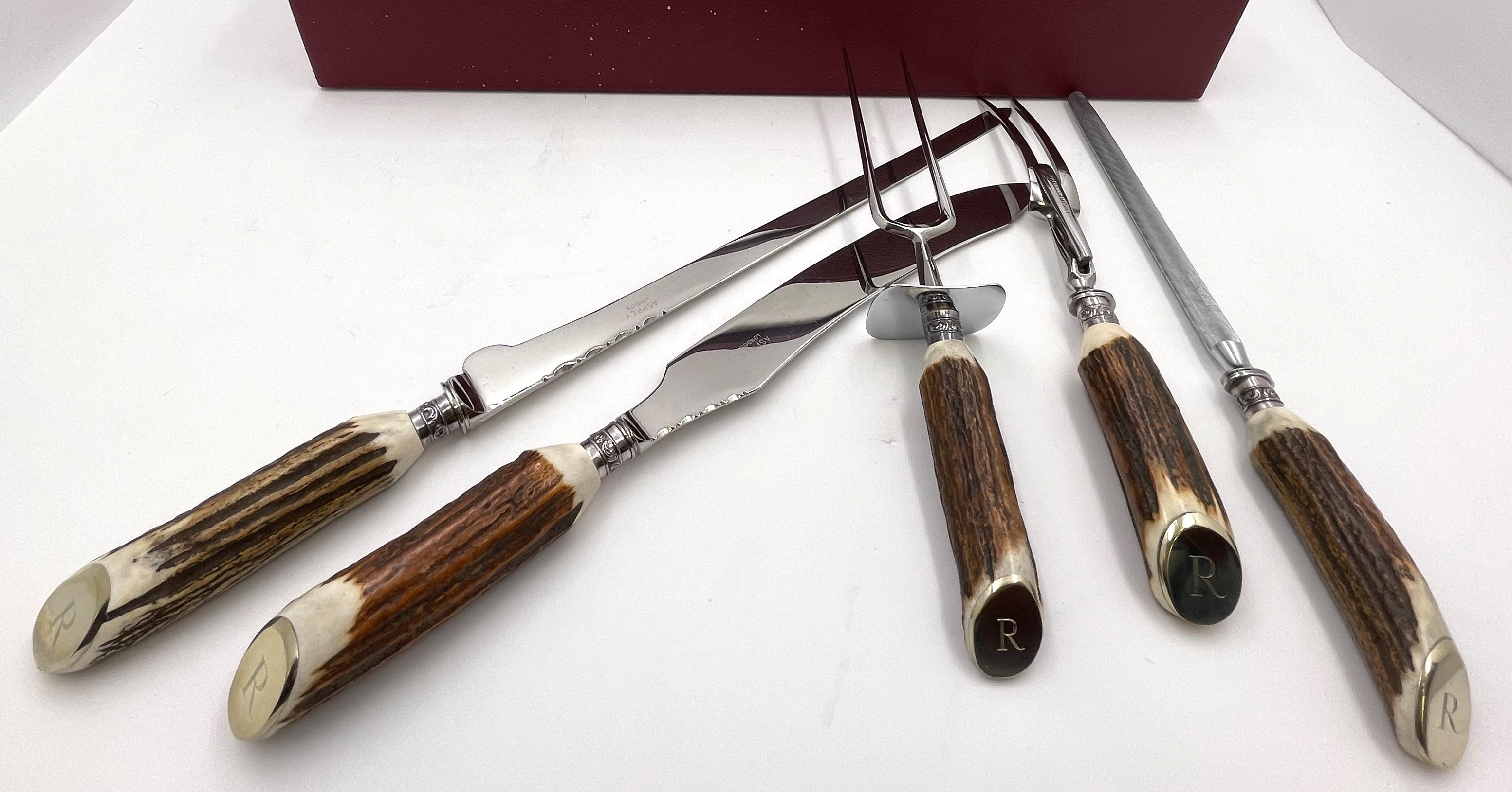 Asprey Set di bistecche e coltelli con manico di corno a 3 livelli e in scatola da 29 pezzi in vendita 1