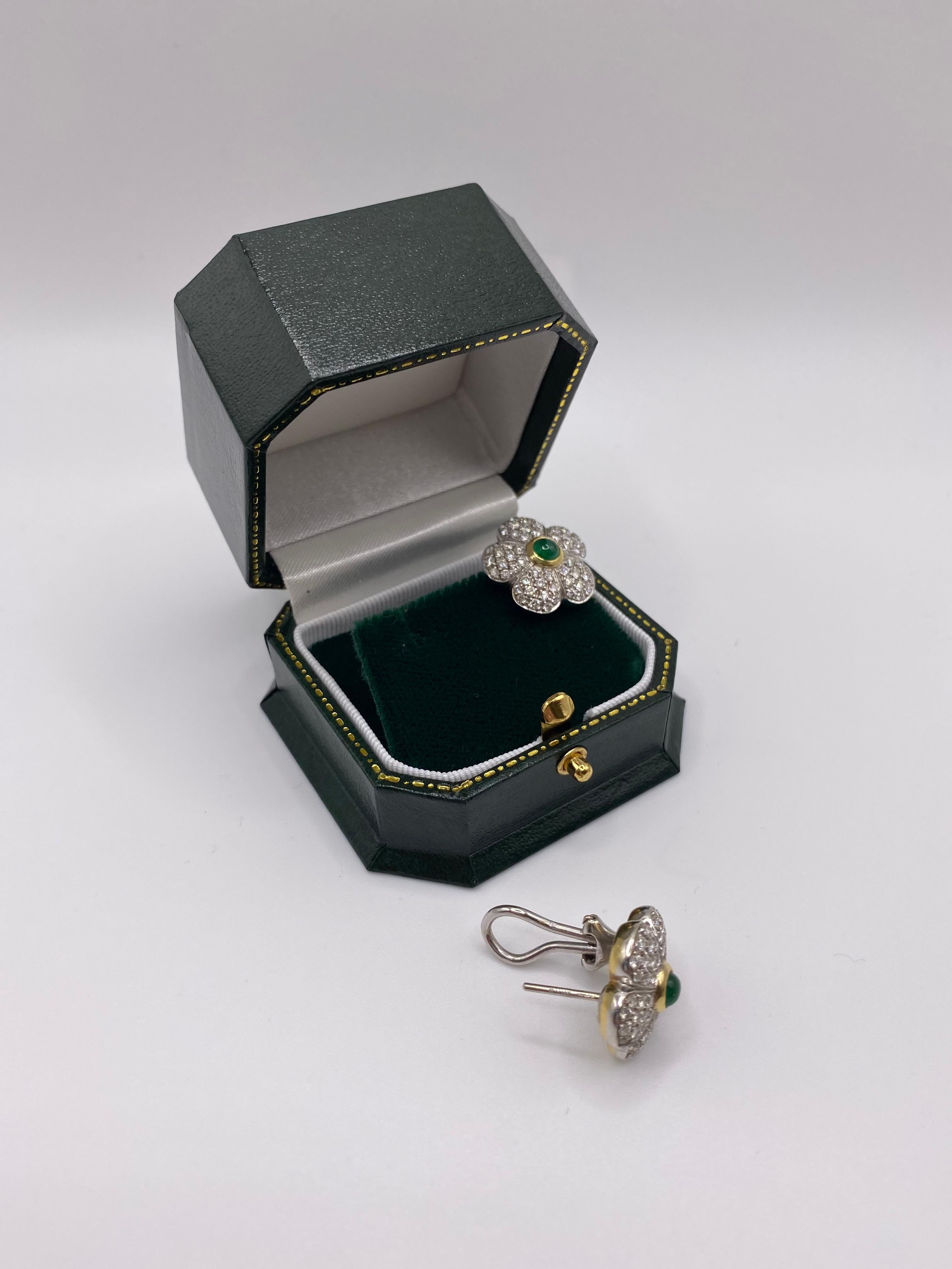 A pair of Asprey, emerald and diamond stunning clip-on earrings, flower cluster design, each centring on a cabochon emerald framed by five petals pave-set with brilliant-cut diamonds, Italian assay marks for 18-carat gold.
Provenance: Sotheby's