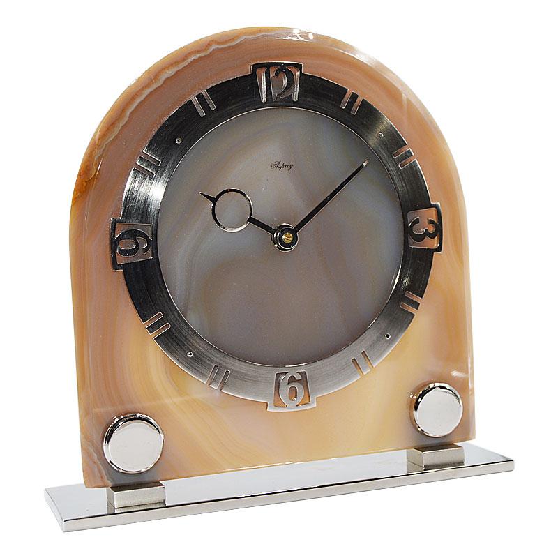 Uncut Asprey Art Deco Agate 8 Day Manual Wind Desk Clock, 1930s