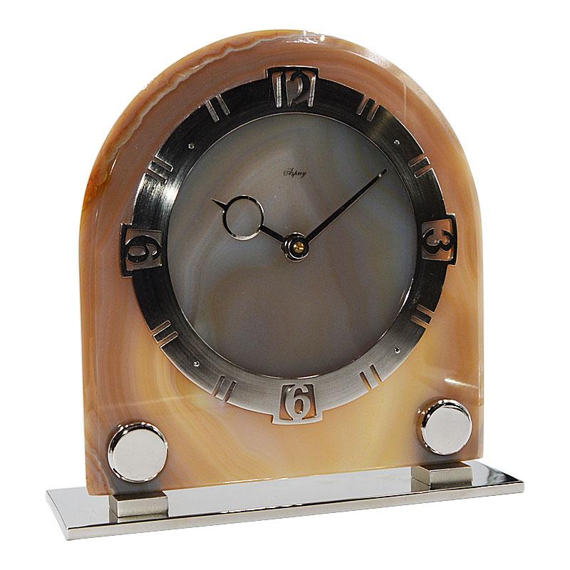 Asprey Art Deco Agate 8 Day Manual Wind Desk Clock, 1930s In Excellent Condition In Long Beach, CA