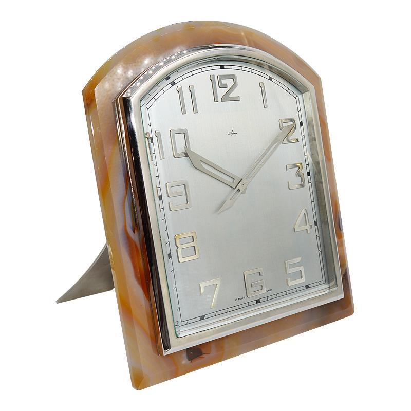 FACTORY / HOUSE: Asprey London
STYLE / REFERENCE: Strut Desk Clock 
METAL / MATERIAL: Polished Beveled Agate and Nickel 
CIRCA / YEAR: 1920's / 1930's
DIMENSIONS / SIZE: 9.5