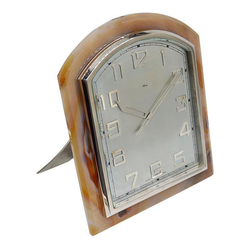 Swiss Asprey Art Deco Agate Stone Clock, circa 1920s For Sale