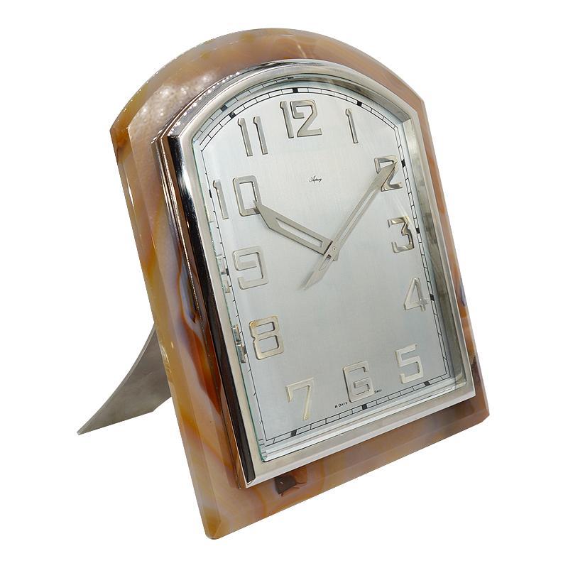 Asprey Art Deco Agate Stone Clock, circa 1920s In Excellent Condition For Sale In Long Beach, CA