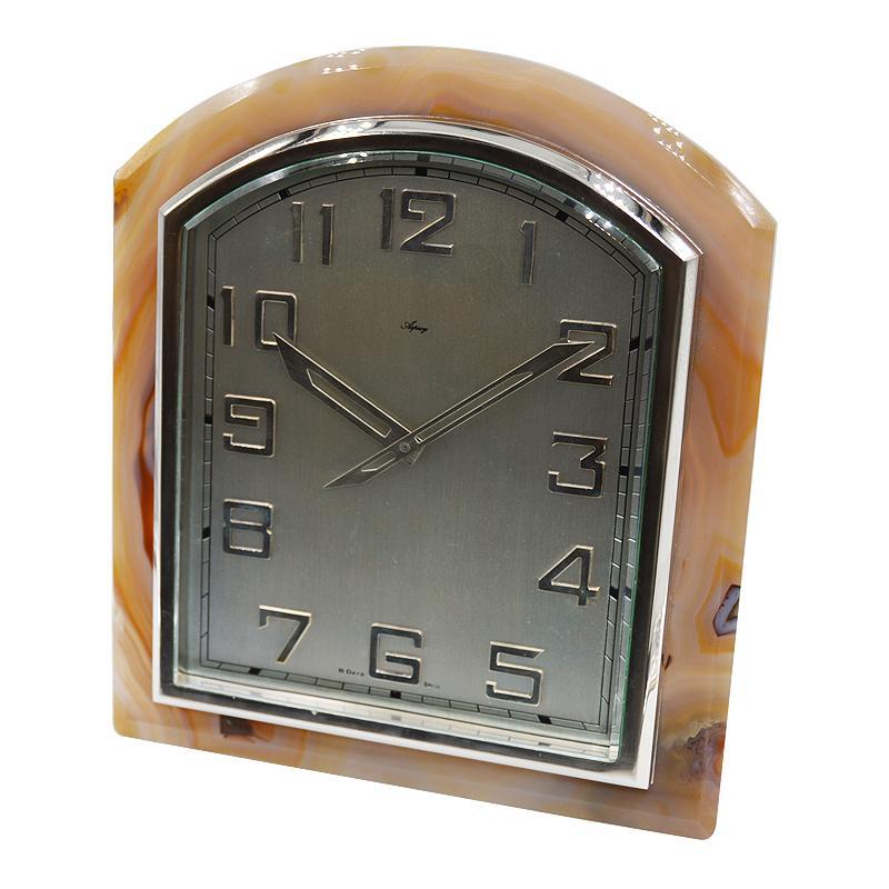 20th Century Asprey Art Deco Agate Stone Clock, circa 1920s For Sale