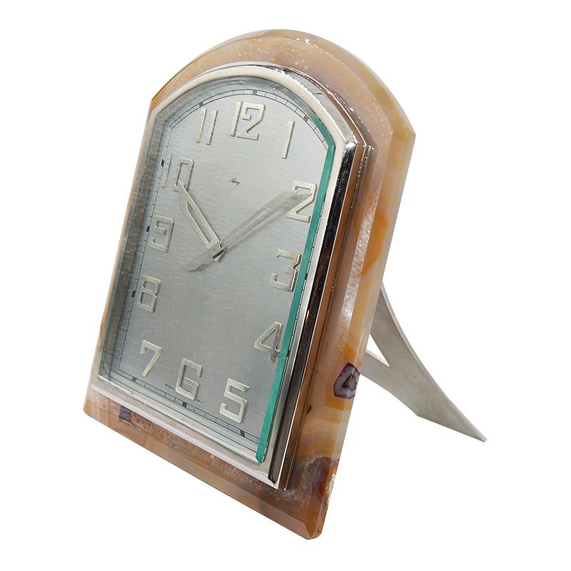 Asprey Art Deco Agate Stone Clock, circa 1920s In Excellent Condition For Sale In Long Beach, CA