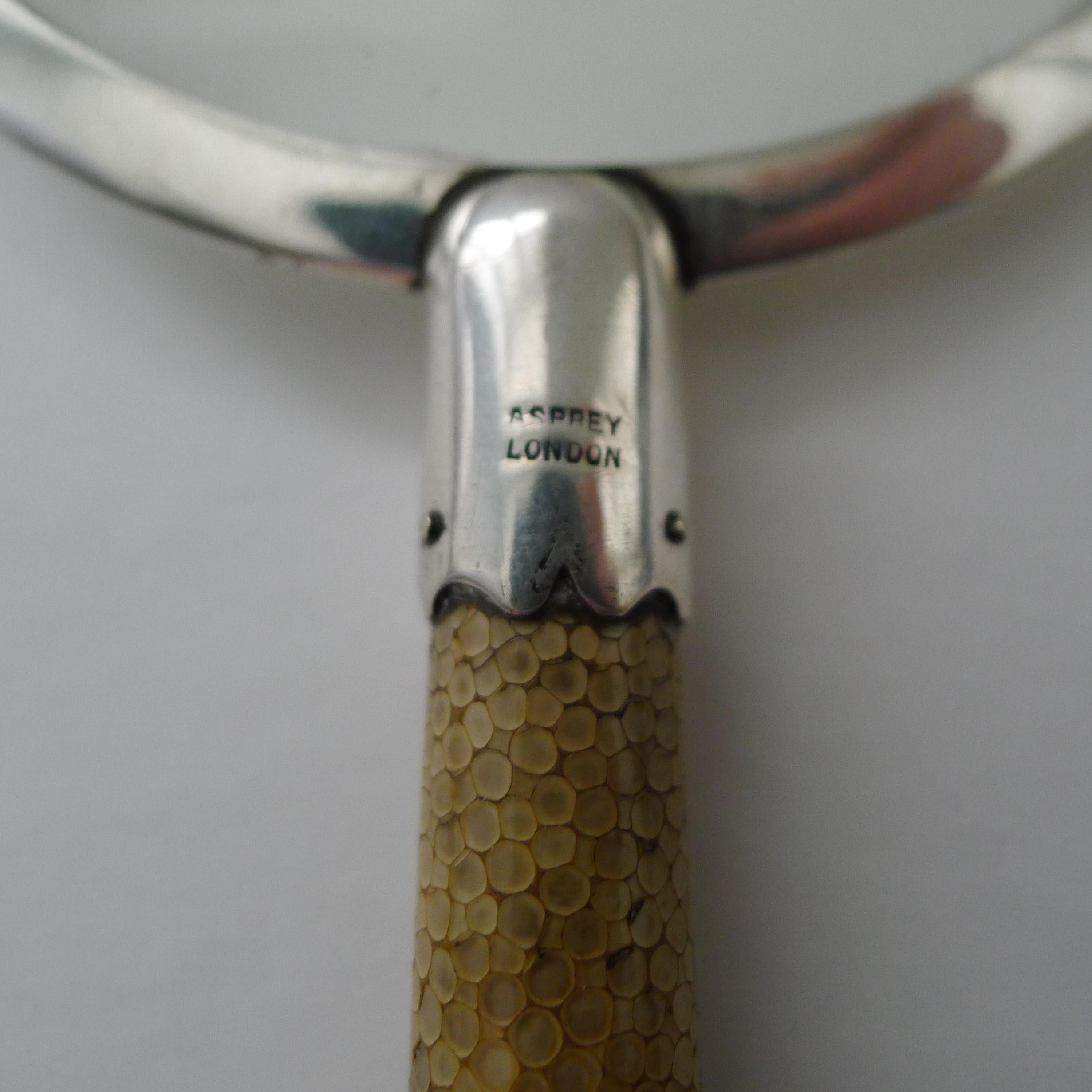 Asprey Art Deco Sterling Silver & Shagreen Magnifying Glass In Good Condition For Sale In Bath, GB