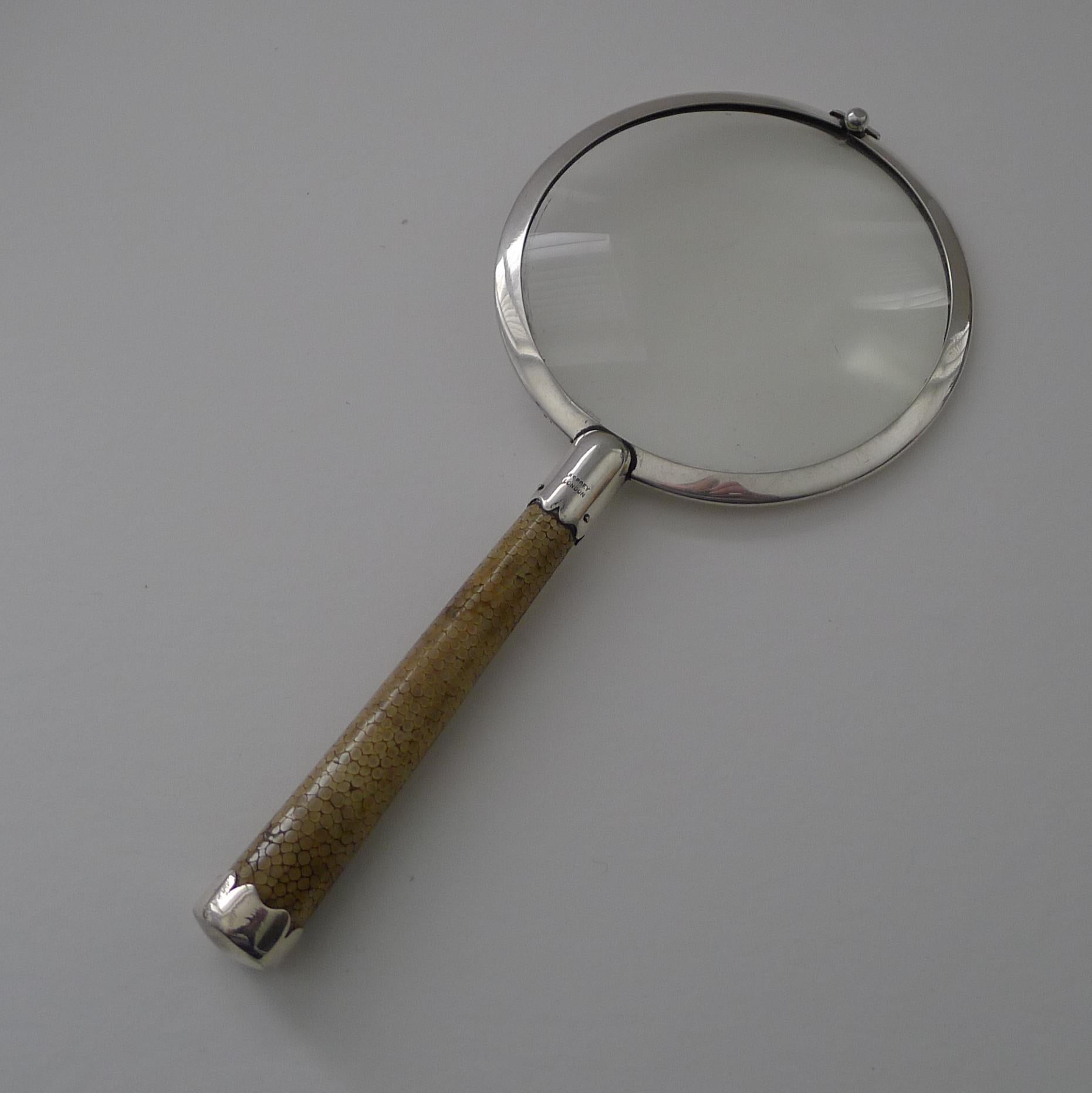 Early 20th Century Asprey Art Deco Sterling Silver & Shagreen Magnifying Glass For Sale