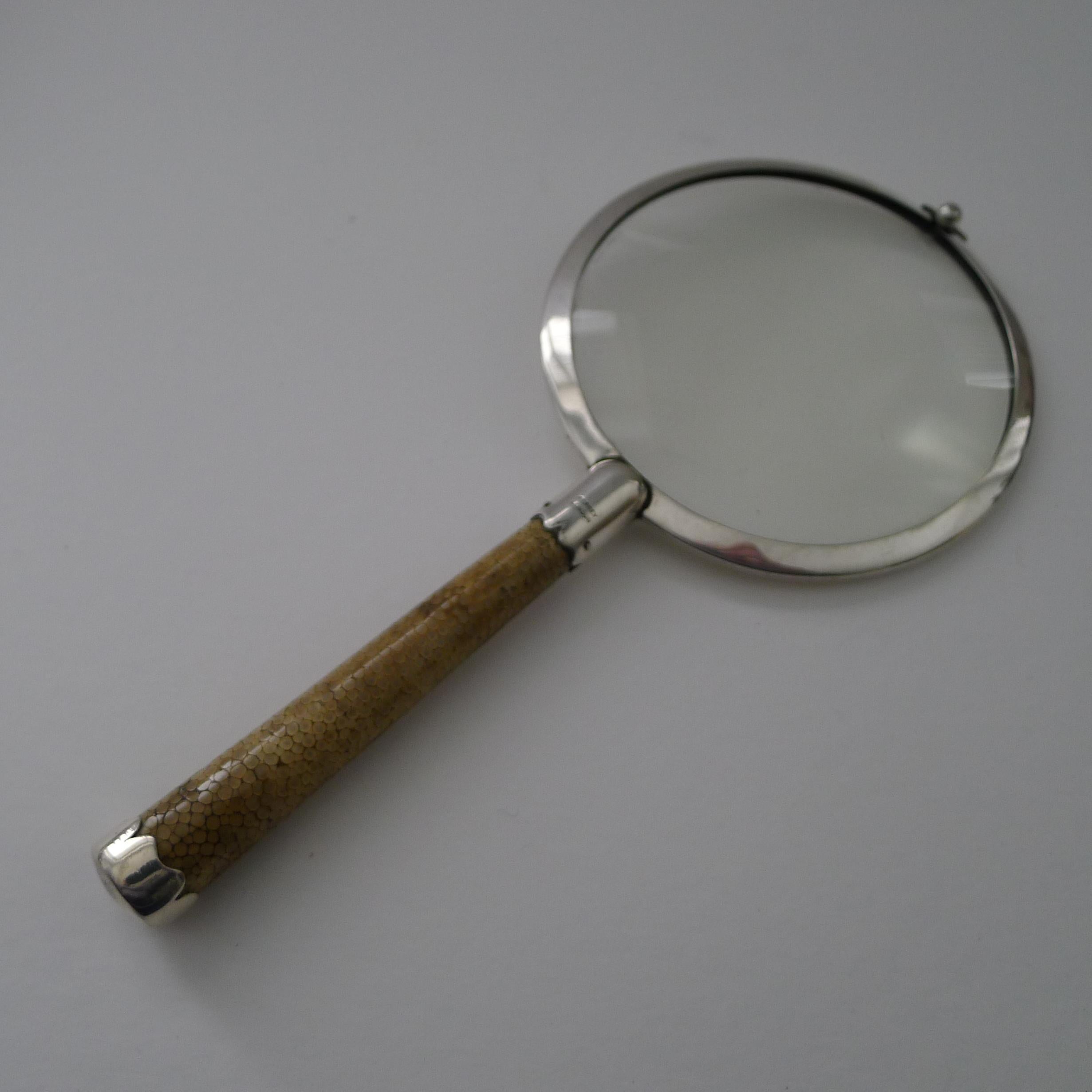 Asprey Art Deco Sterling Silver & Shagreen Magnifying Glass For Sale 3