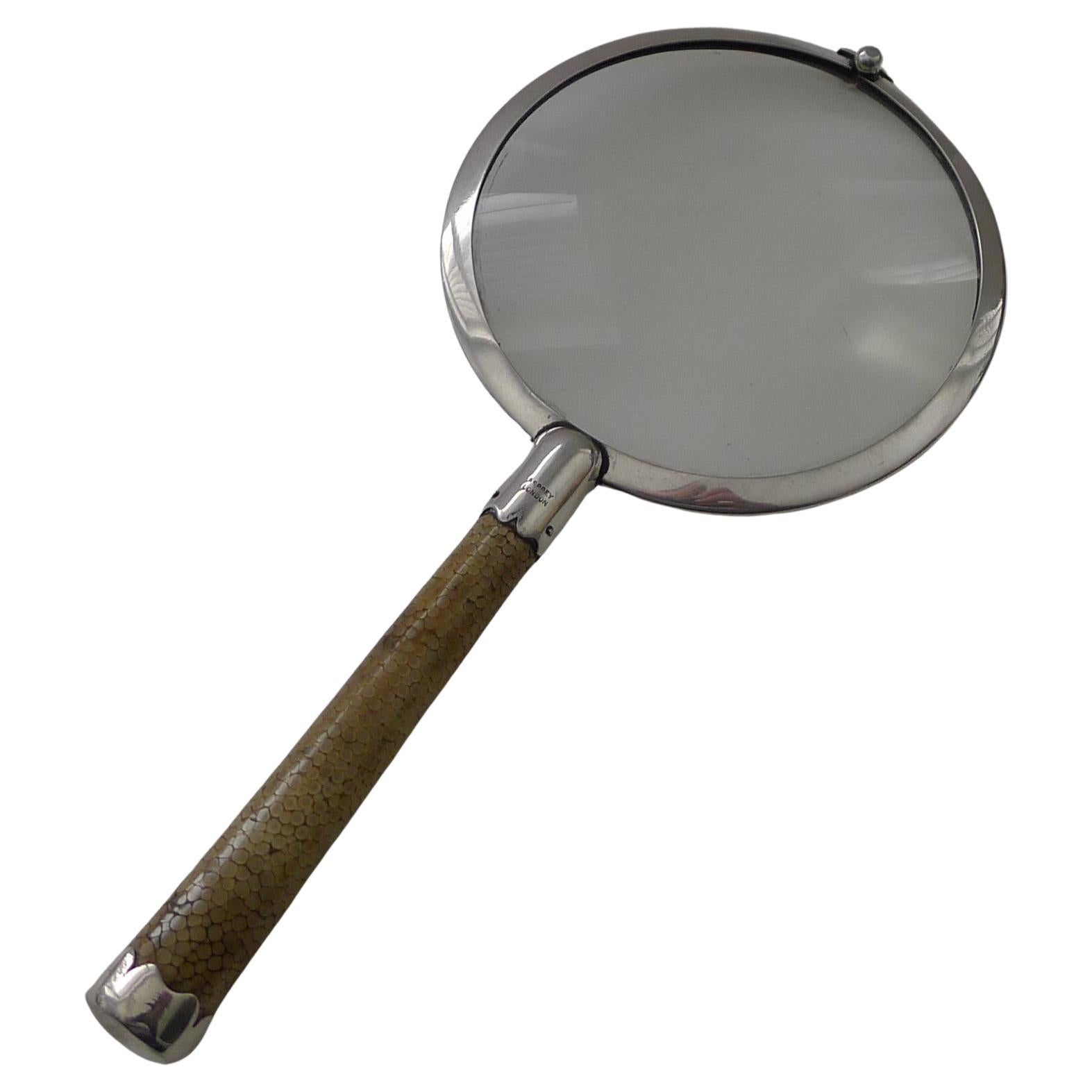 Asprey Art Deco Sterling Silver & Shagreen Magnifying Glass For Sale