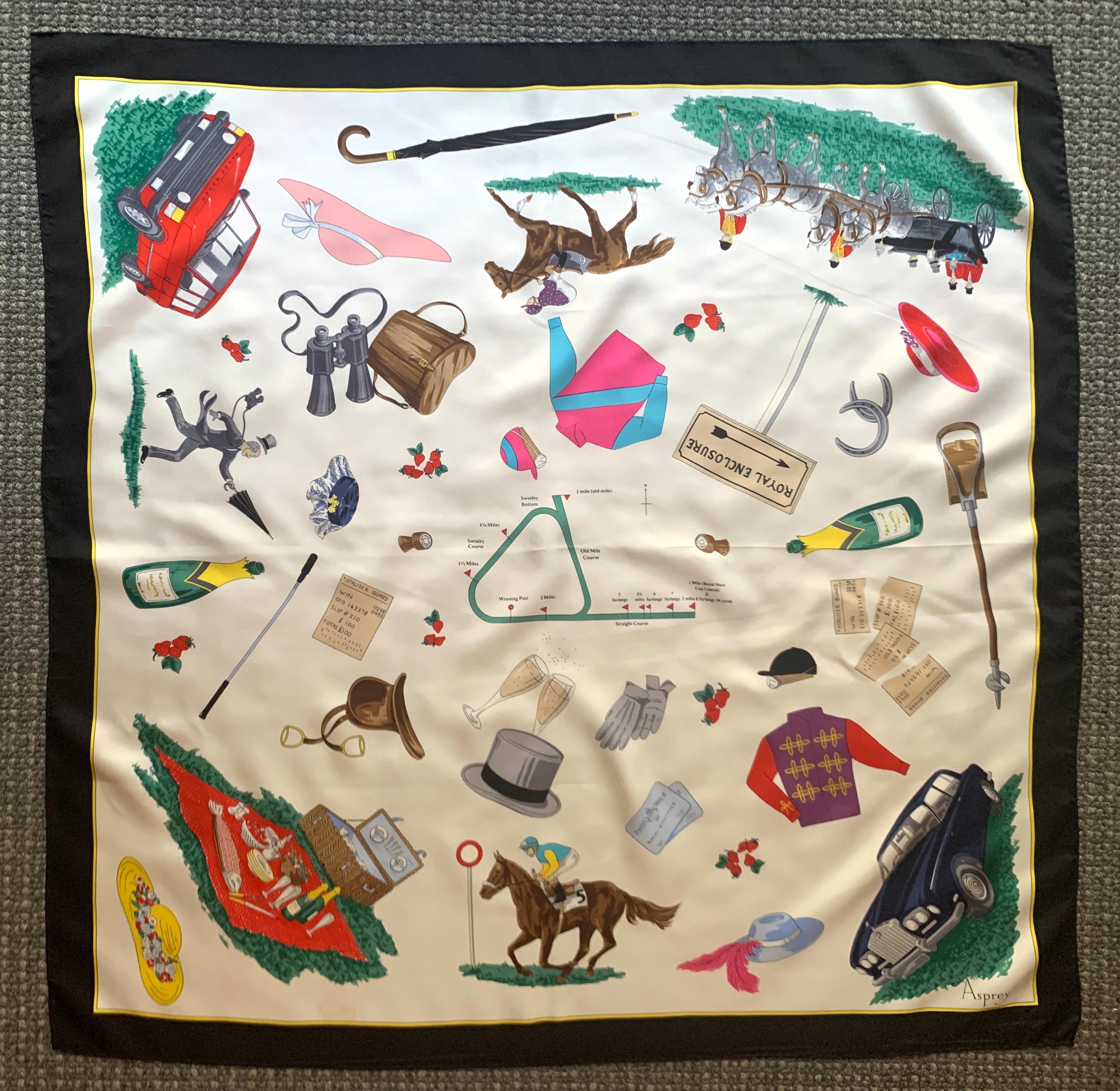 Asprey silk scarf with equestrian racing motif highlights all the best parts of Ascot. Spectators, picnics, champagne, equestrian garb, and even tickets and directions to the Royal Enclosure are scattered throughout. Signed 'Asprey' at bottom