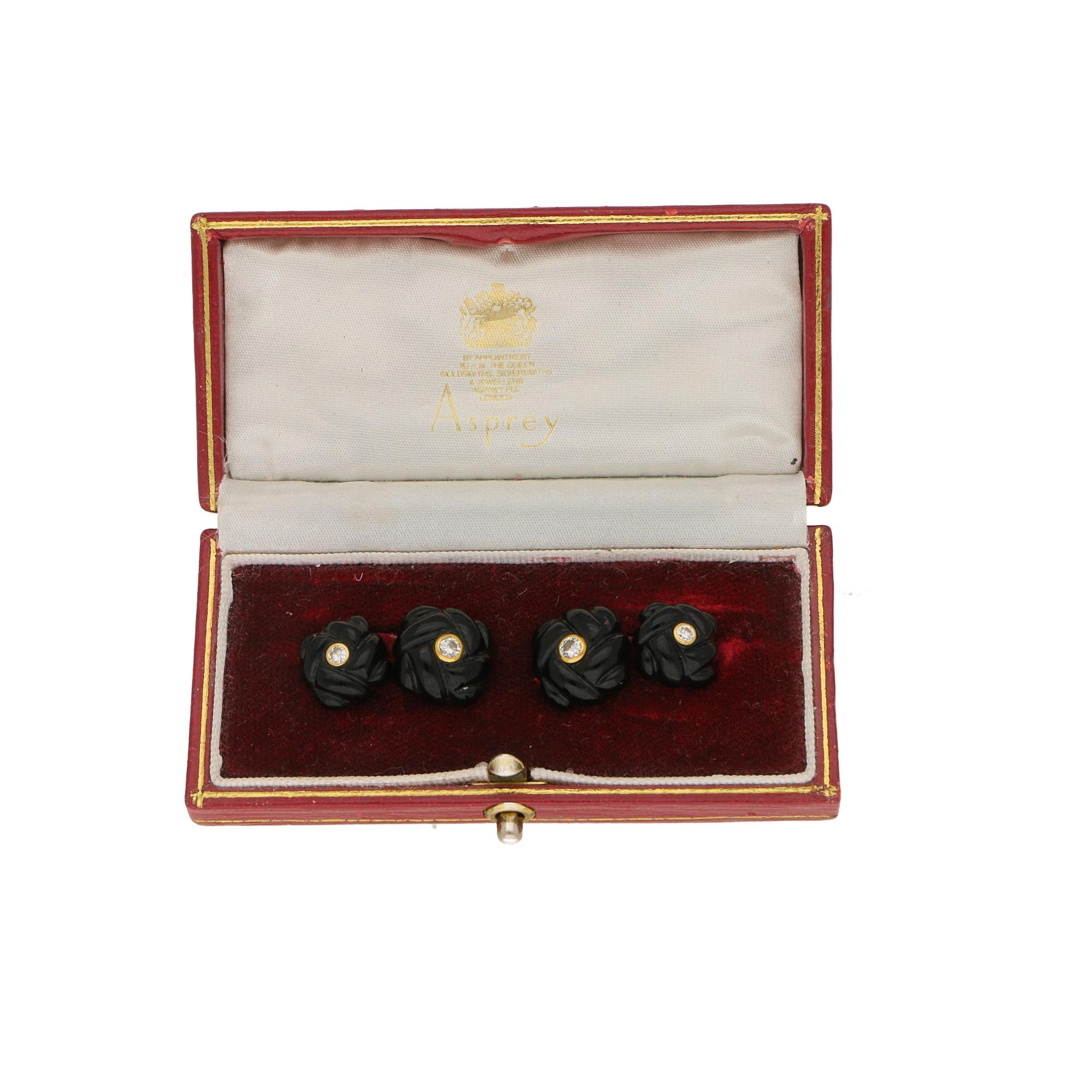 Round Cut Asprey Black Onyx and Diamond Gold Cufflinks For Sale