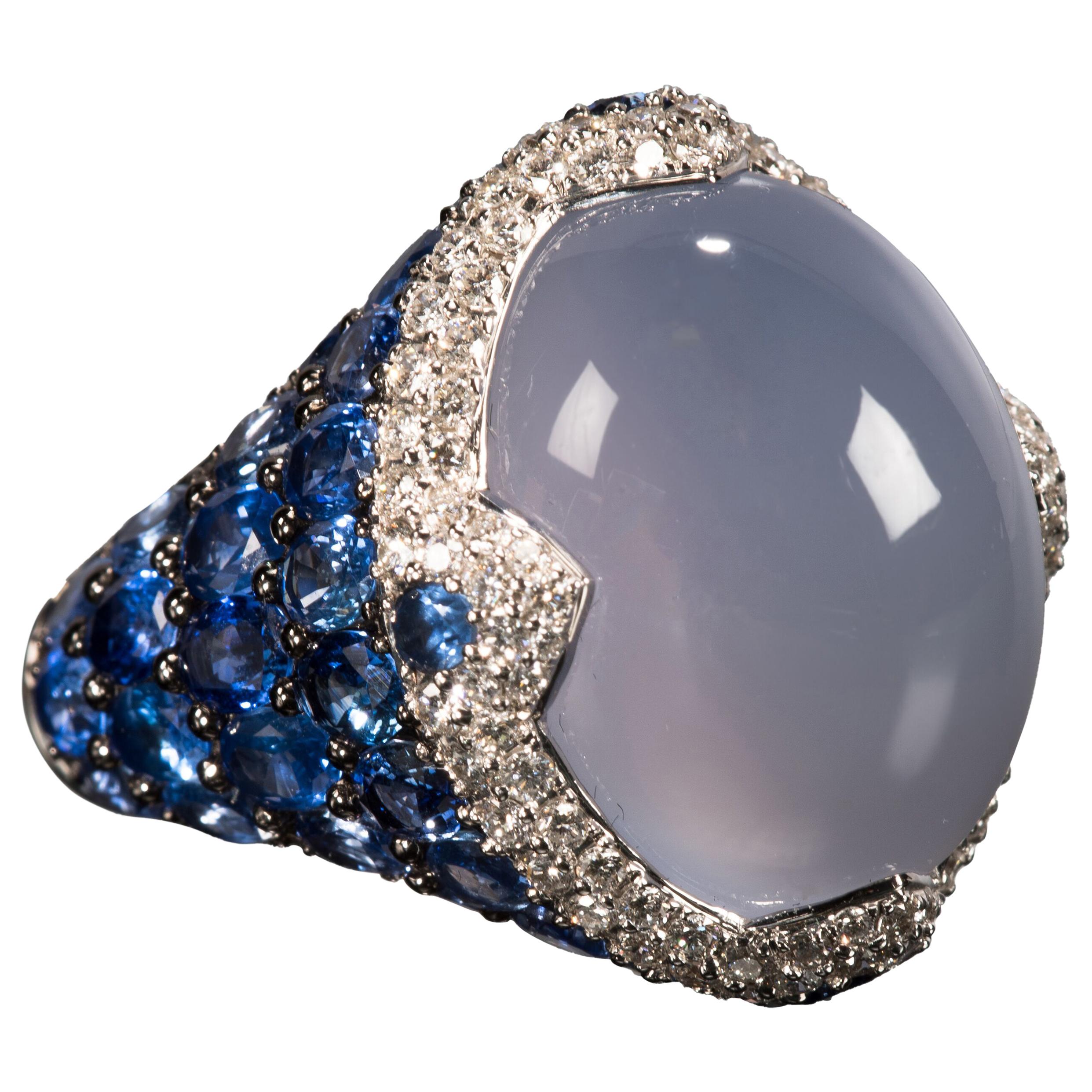 Asprey Blue Cabochon Chalcedony  Diamond Sapphire Ring