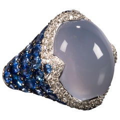 Asprey Blue Cabochon Chalcedony  Diamond Sapphire Ring