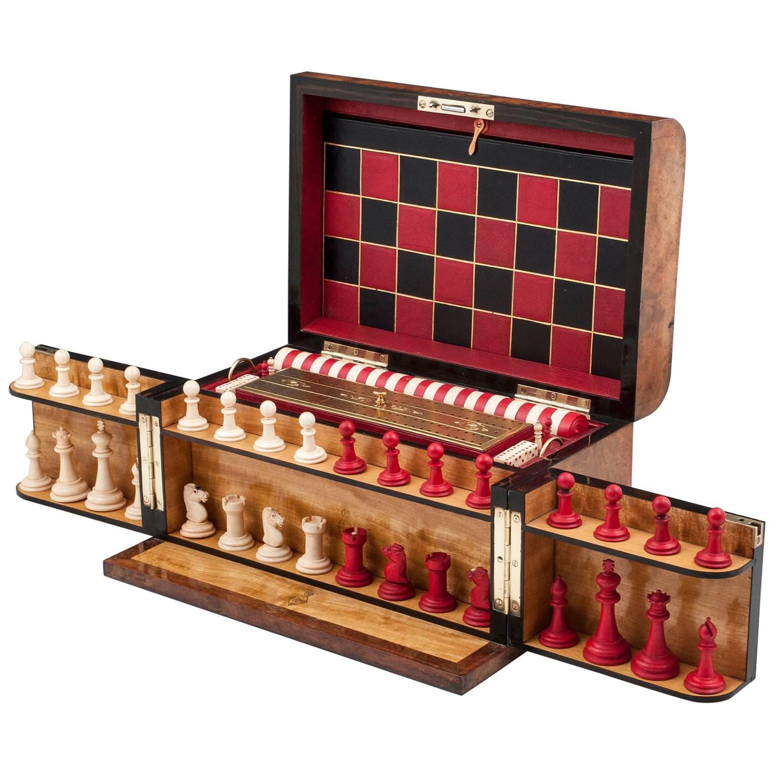 Asprey Burr Walnut Games Chess Backgammon Draughts Box Compendium 19th Century
