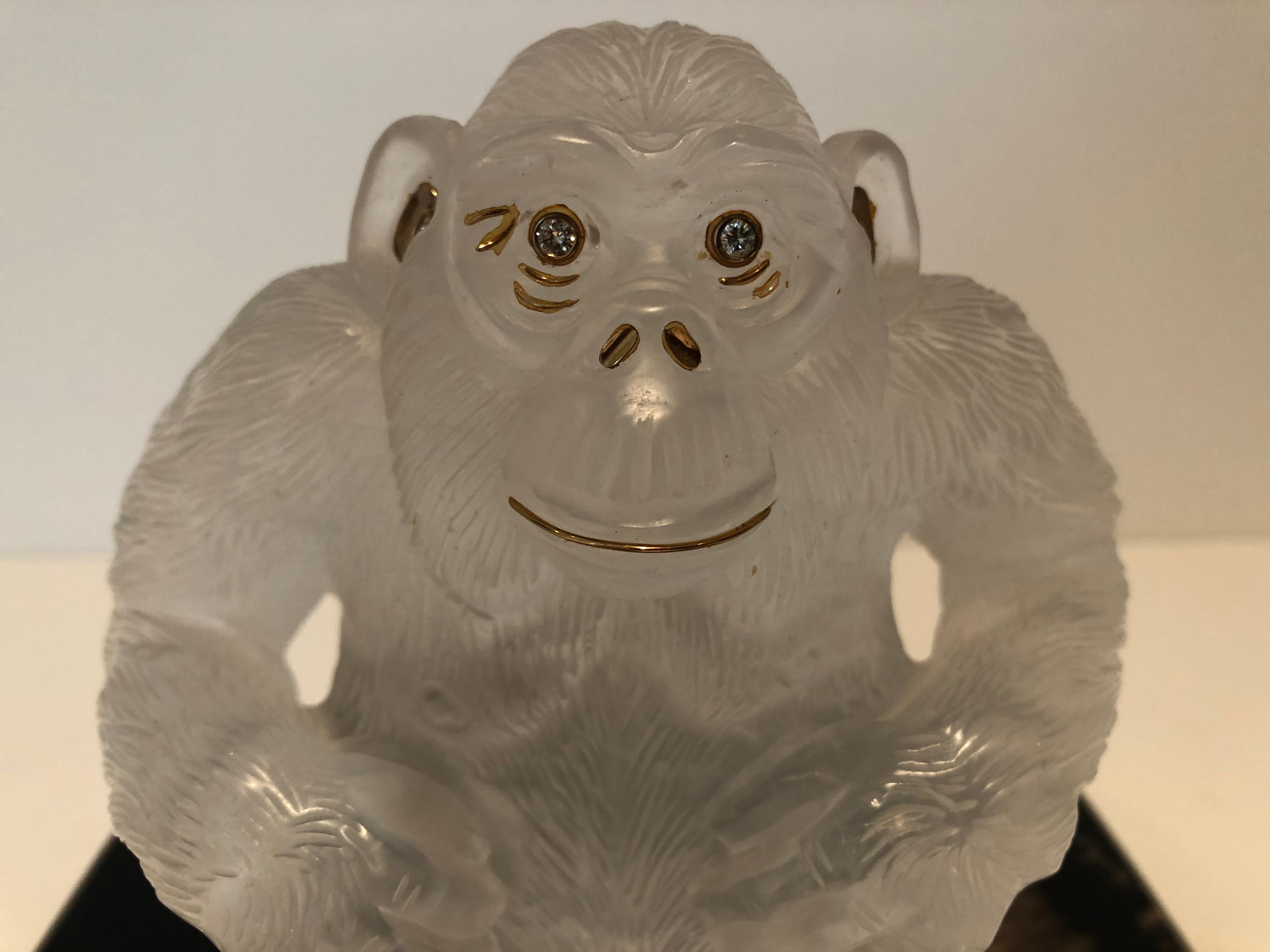20th Century Asprey Carved Rock Crystal Gorilla Diamond Eye's and 18-Karat Gold Accents For Sale