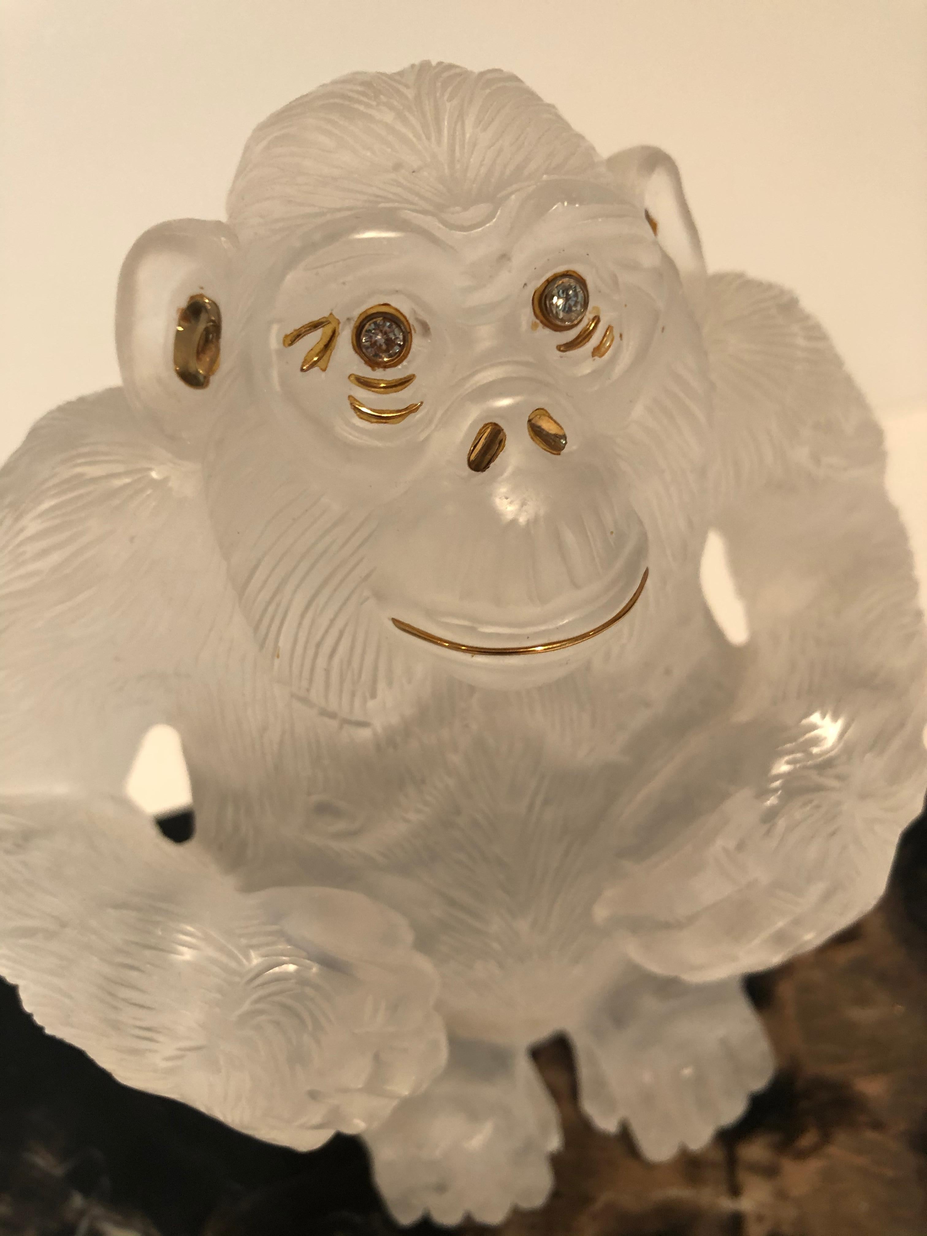 Asprey Carved Rock Crystal Gorilla Diamond Eye's and 18-Karat Gold Accents In Excellent Condition For Sale In Westport, CT