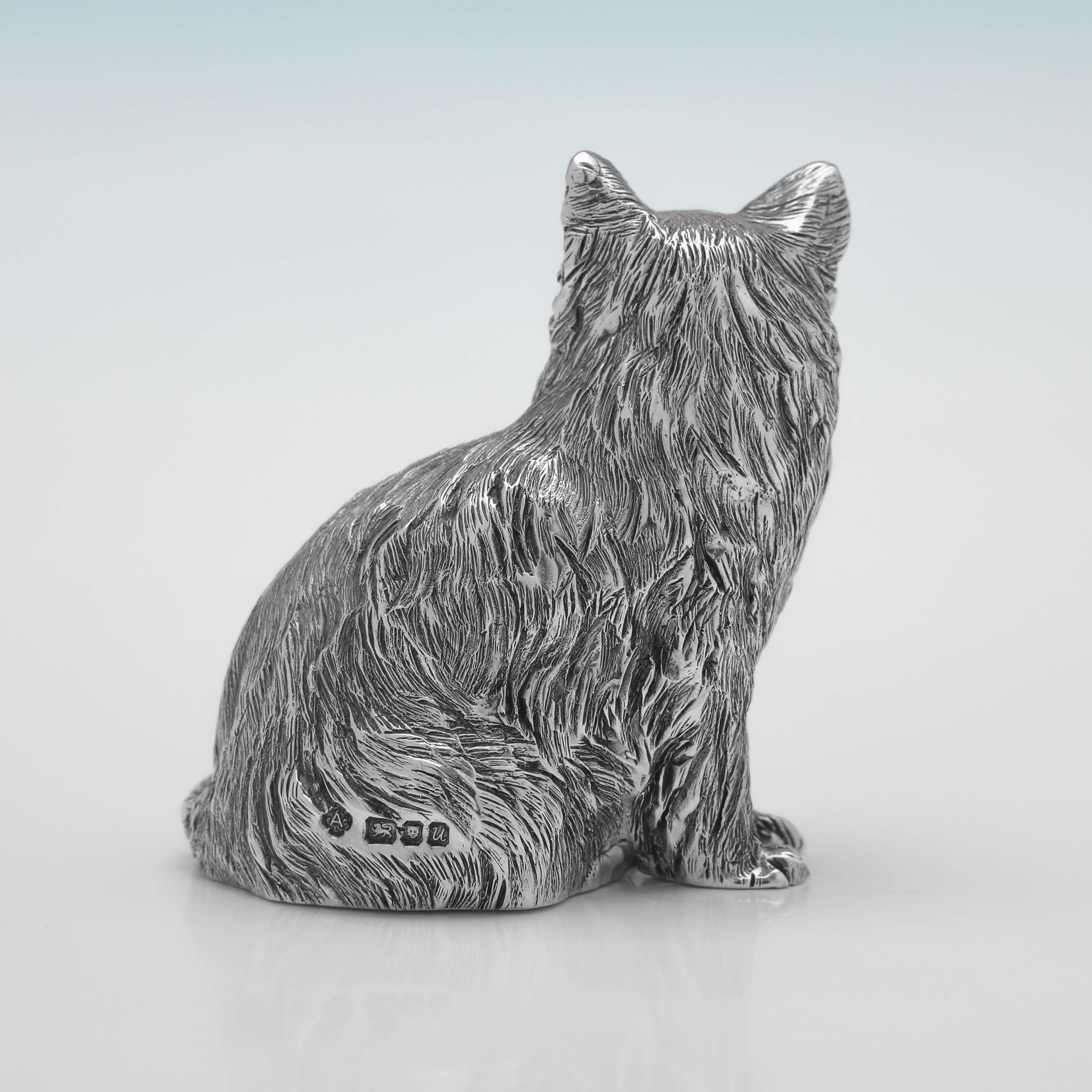 English Asprey, Cast Sterling Silver Model of a Cat, London 1994