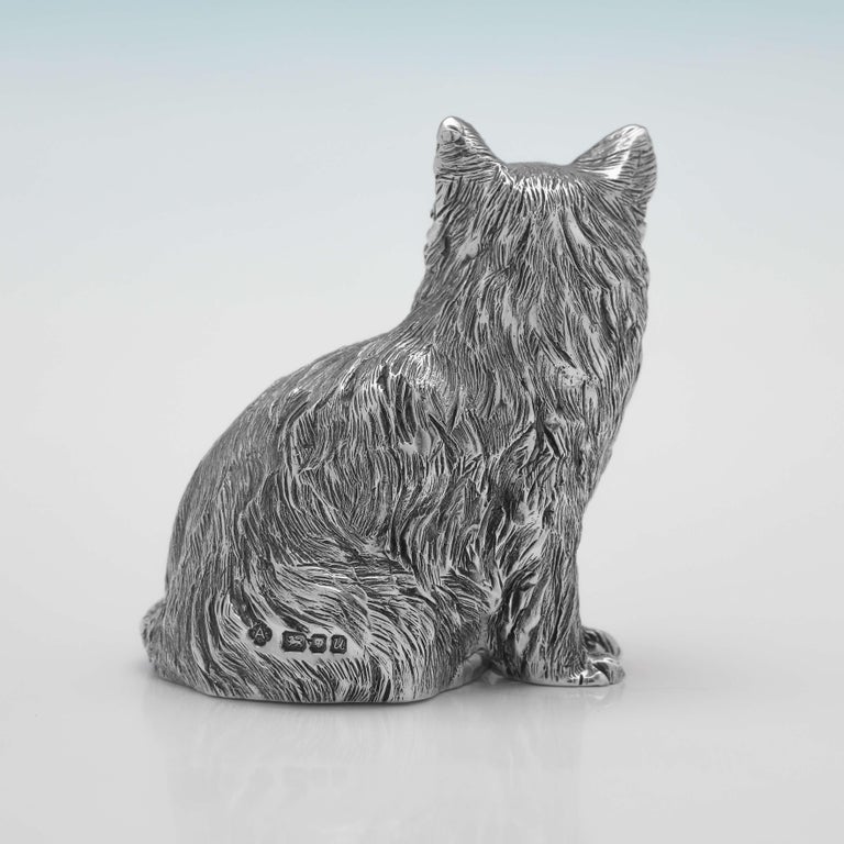 English Asprey, Cast Sterling Silver Model of a Cat, London 1994 For Sale