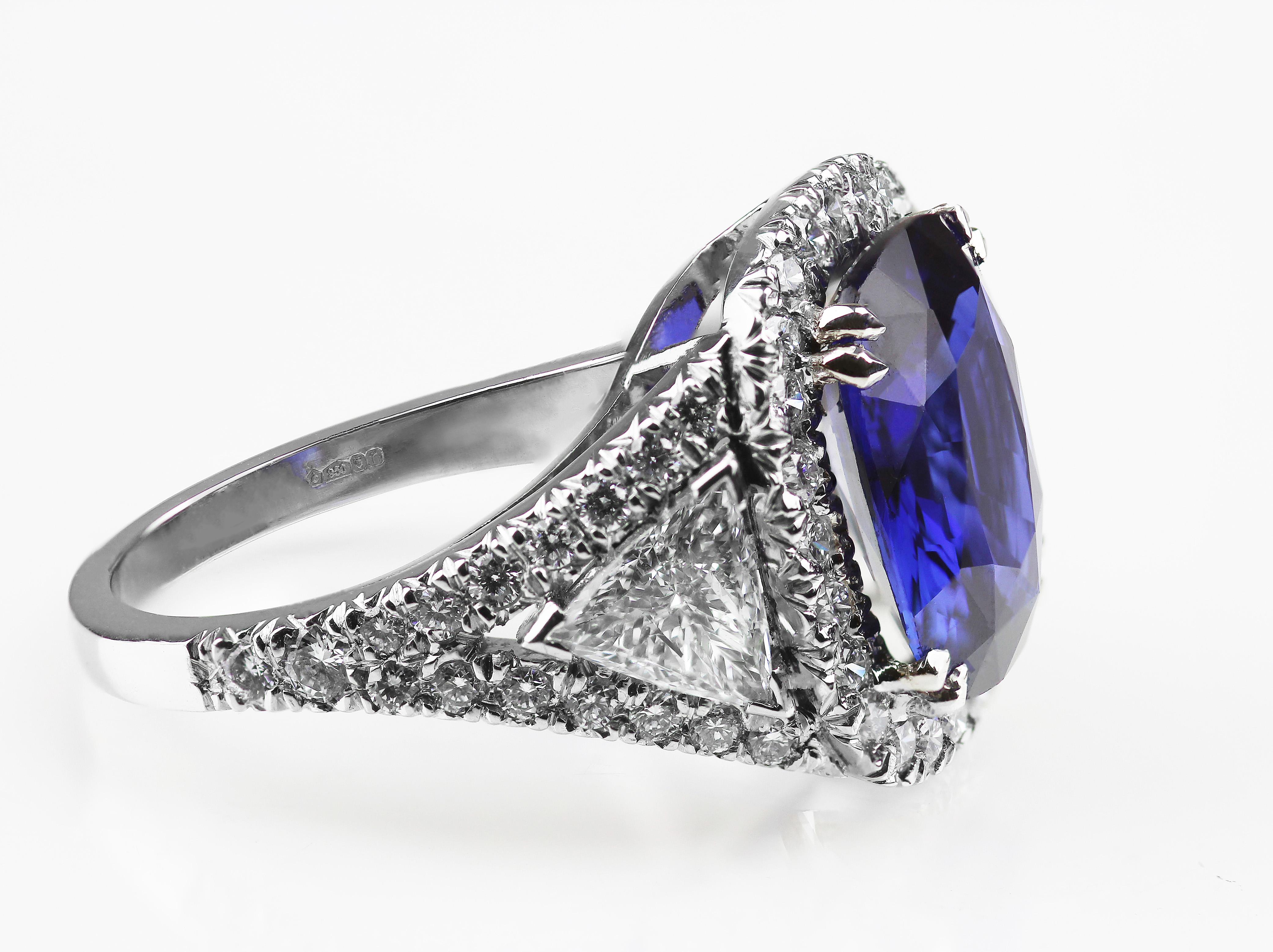 Modern Asprey, Certified Sapphire (5.5 ct Royal Blue Natural, Unheated) & Diamond Ring For Sale
