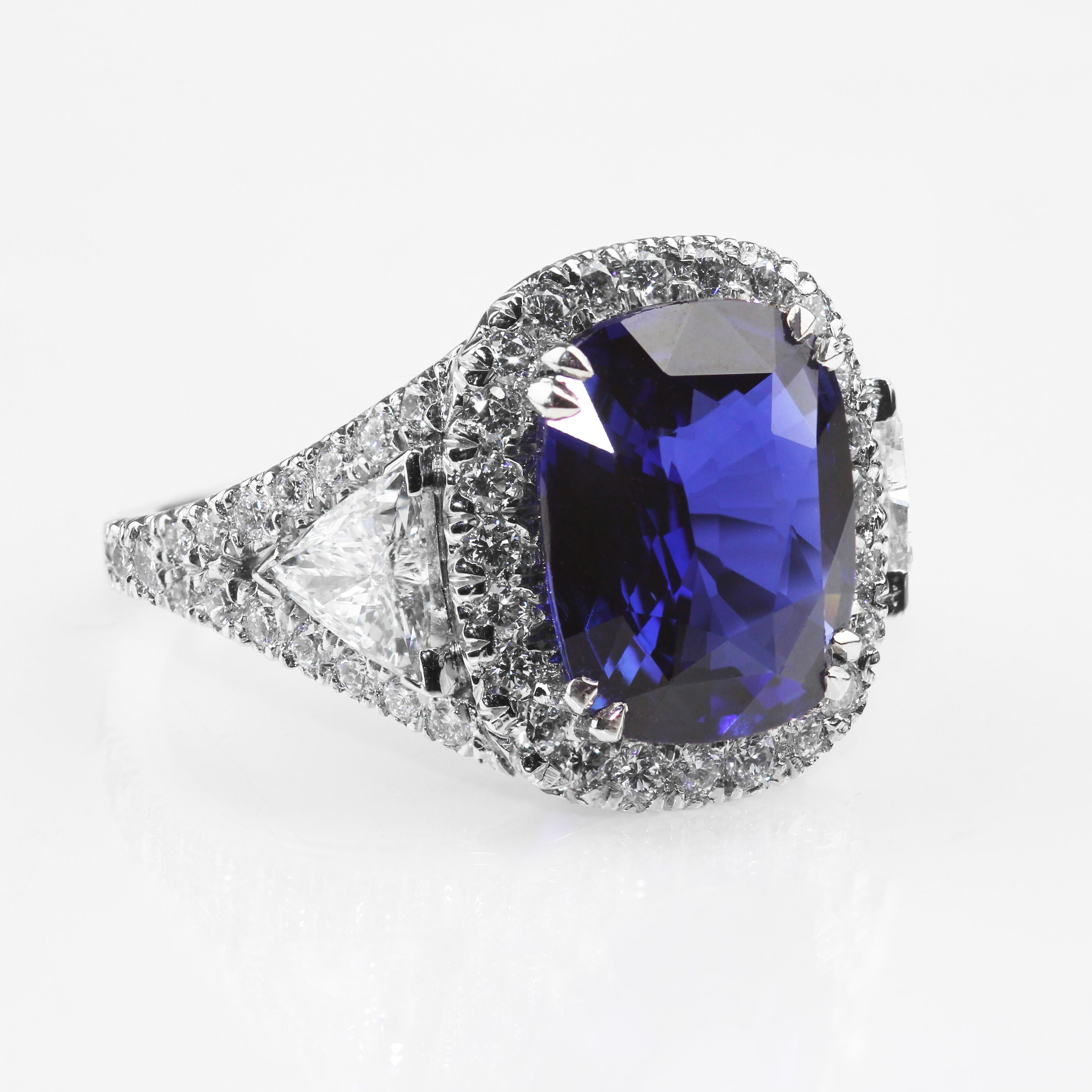 Cushion Cut Asprey, Certified Sapphire (5.5 ct Royal Blue Natural, Unheated) & Diamond Ring For Sale