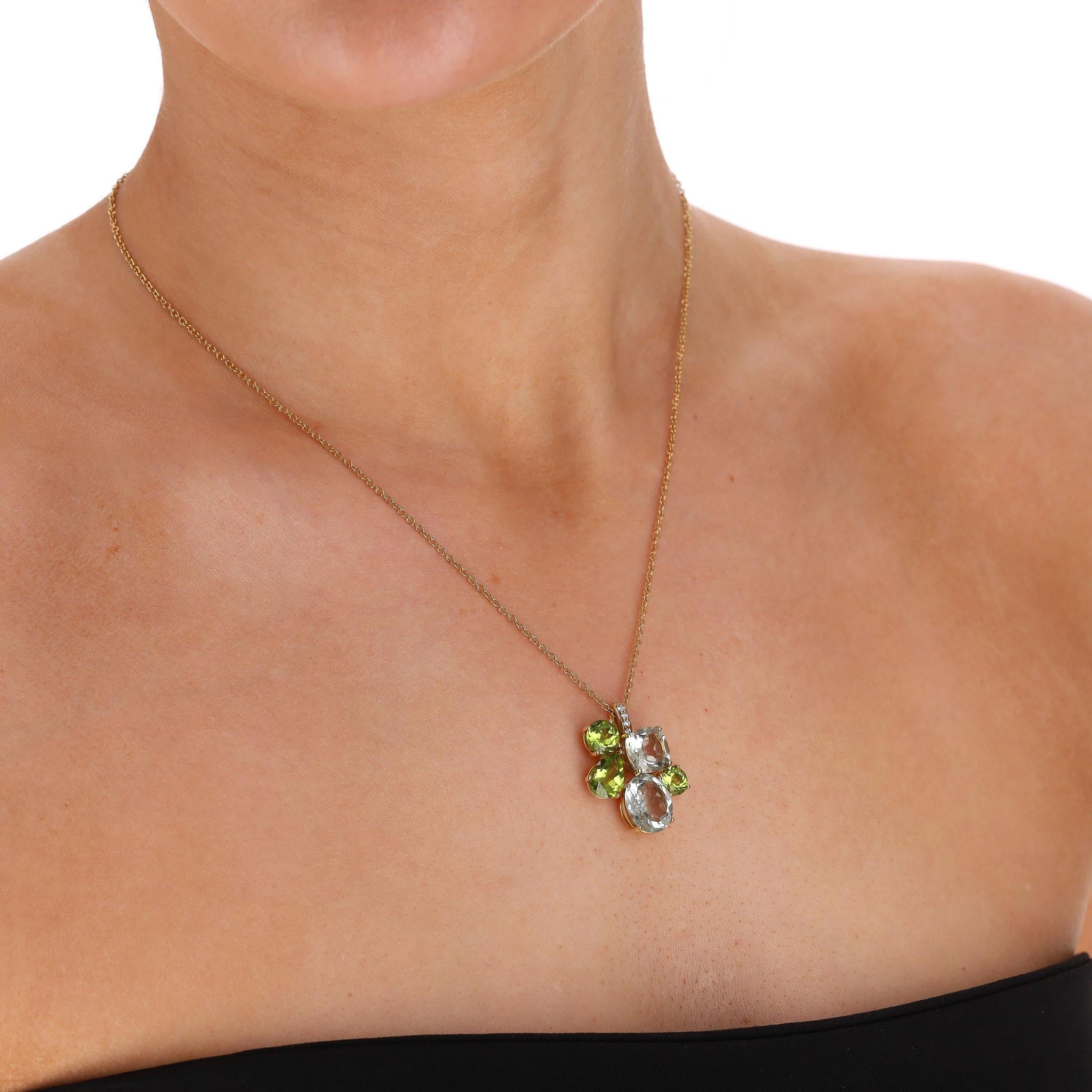 Asprey Chaos Pendant in Multi-Coloured Gemstones & Diamond With 18k Gold Necklace

Set in 18k yellow gold is this Chaos Pendant on the chain with white topaz and green peridot stones, each taking on a distinct shape.

Adorned with pave diamond bale,