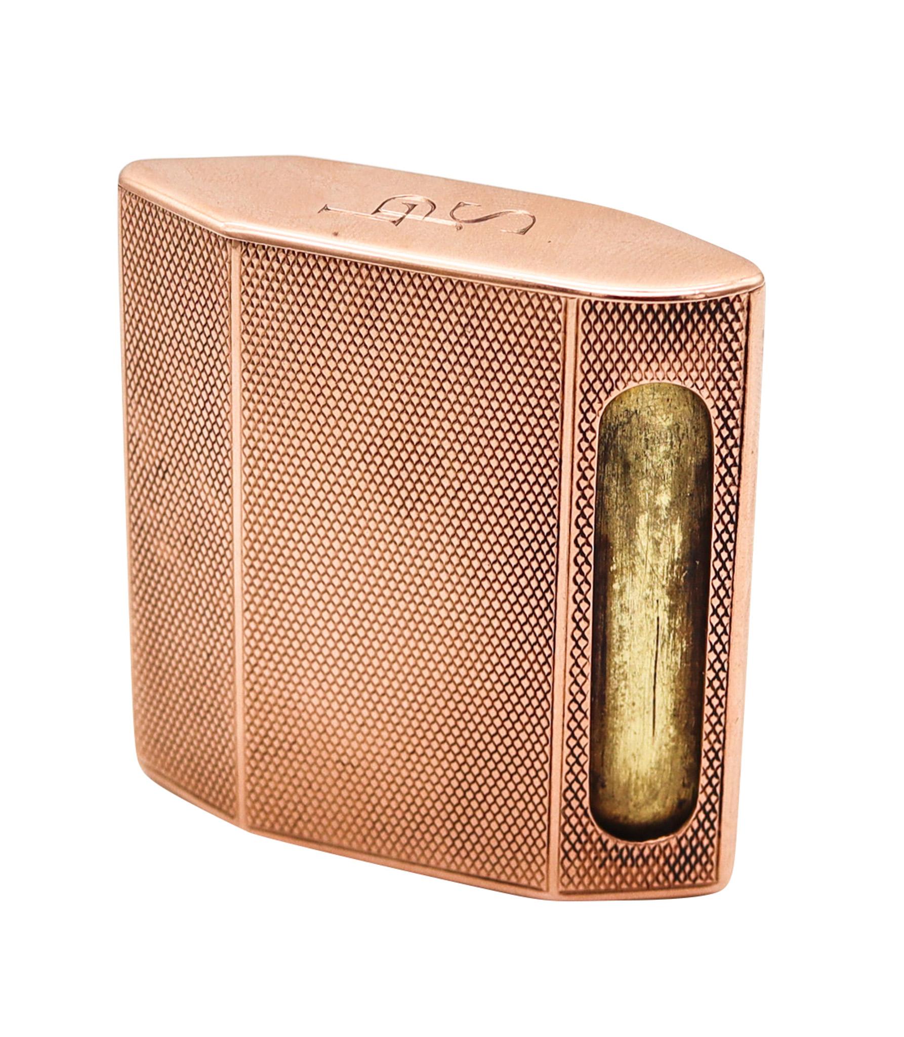 Hexagonal vesta box designed by Asprey & Company.

Very rare and unusual vesta matches box, created in Birmingham England by Asprey & Company Limited, back in the 1923. Crafted during the art deco period in a hexagonal shape in solid yellow gold of