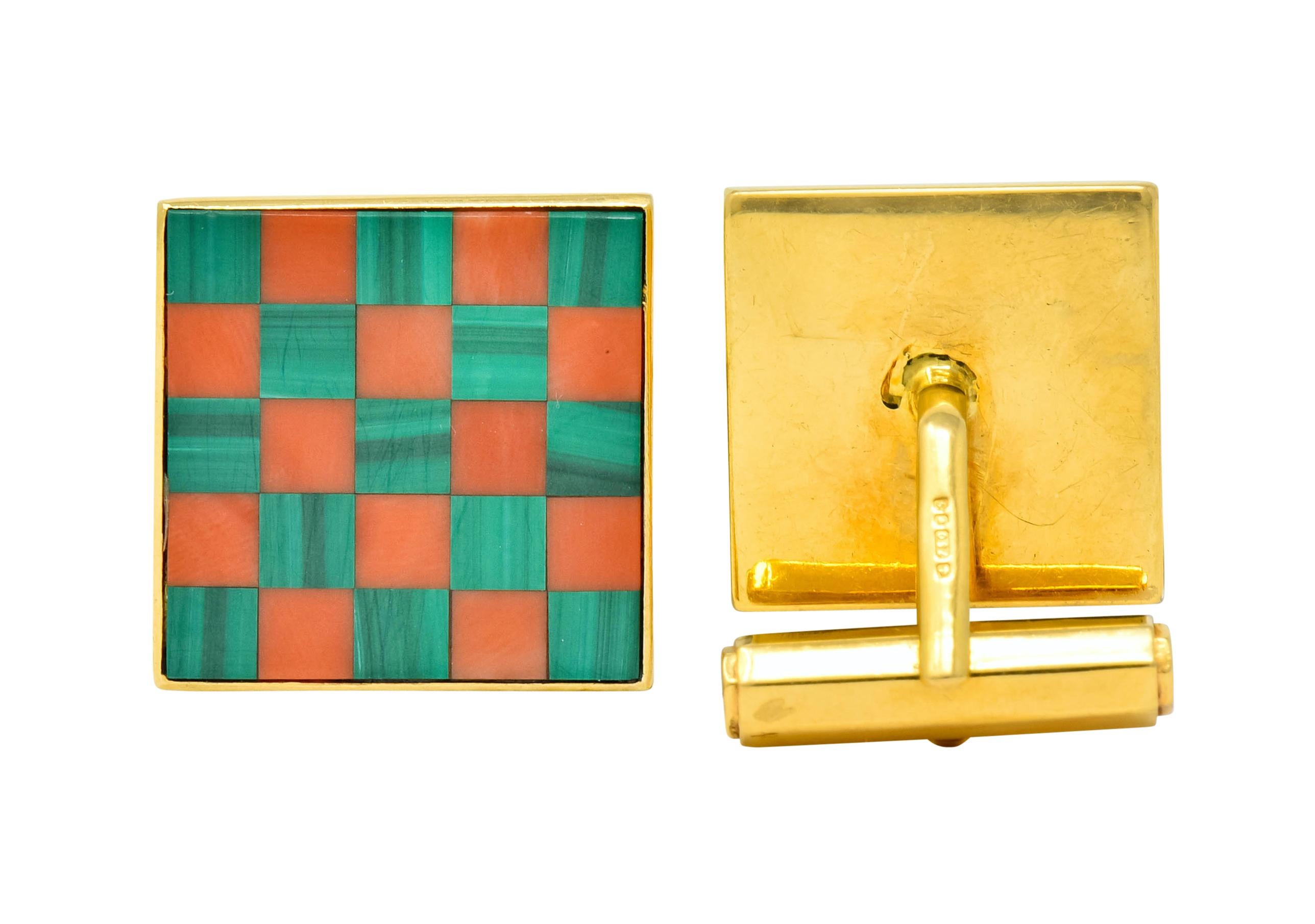 Women's or Men's Asprey & Co. 1981 Coral Malachite 18 Karat Gold British Men's Cufflinks