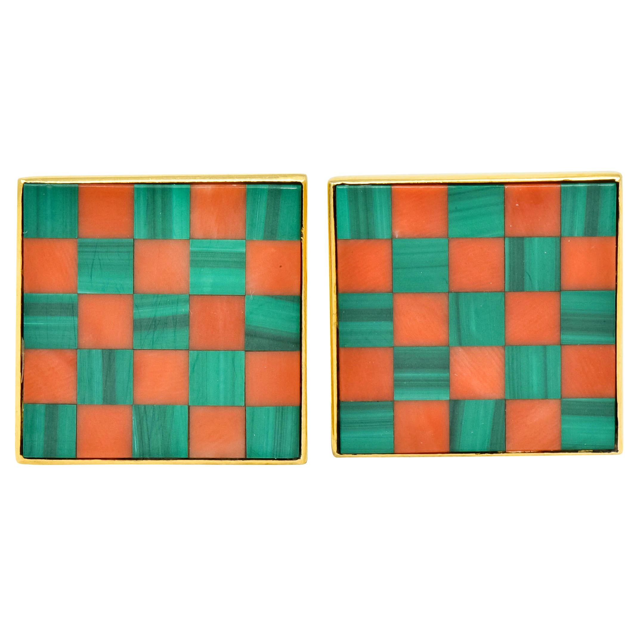 Asprey & Co. 1981 Coral Malachite 18 Karat Gold British Men's Cufflinks