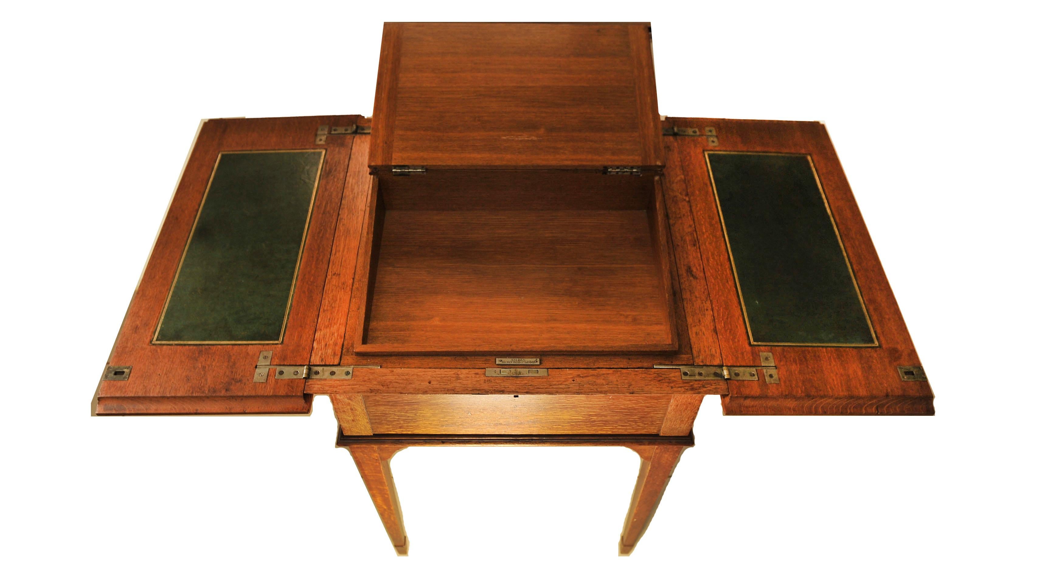 Asprey & Co. London Oak & Tooled Racing Green Leather Pop-Up Writing Desk 1920s For Sale 2