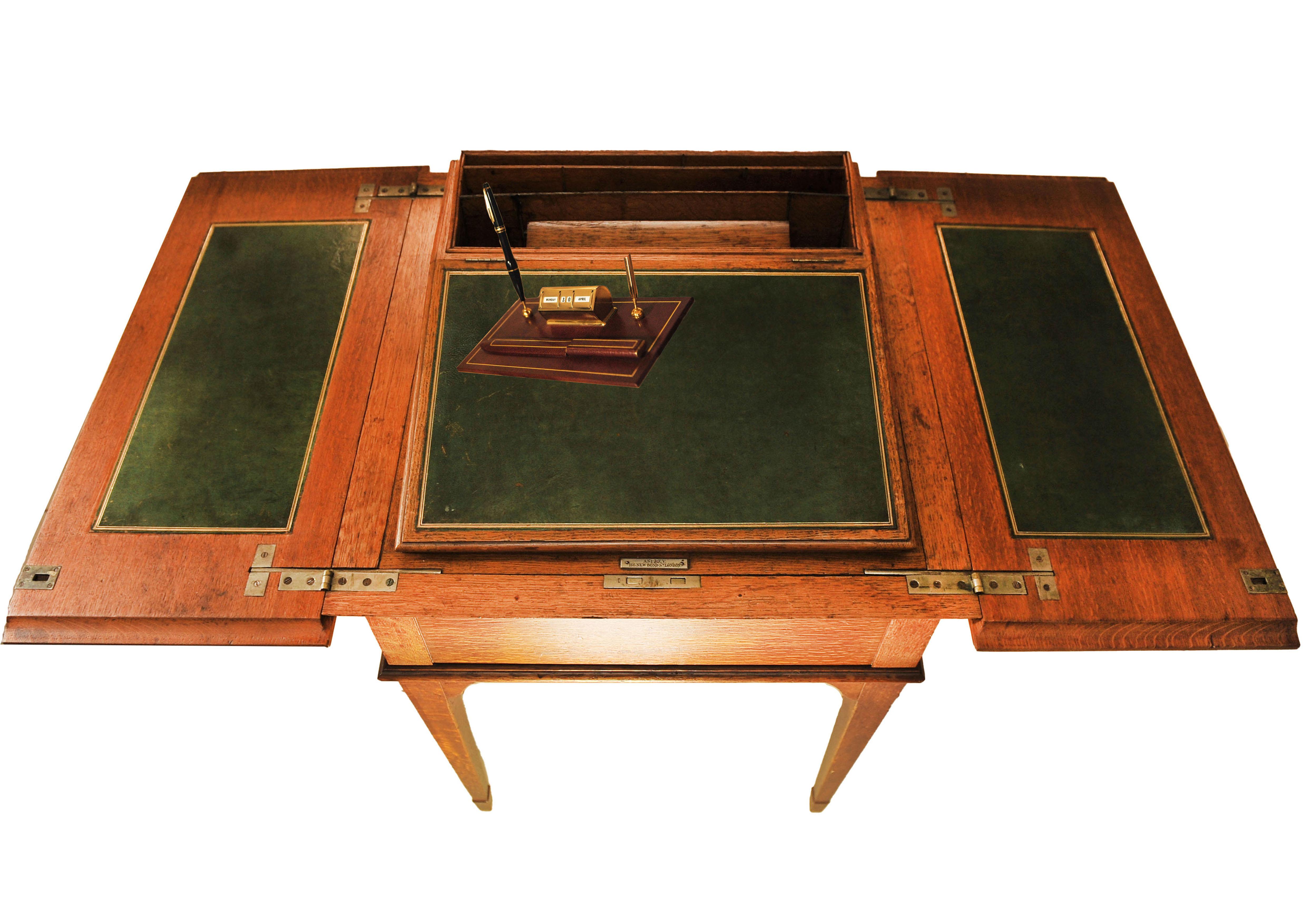 Asprey & Co. London Oak & Tooled Racing Green Leather Pop-Up Writing Desk 1920s For Sale 9