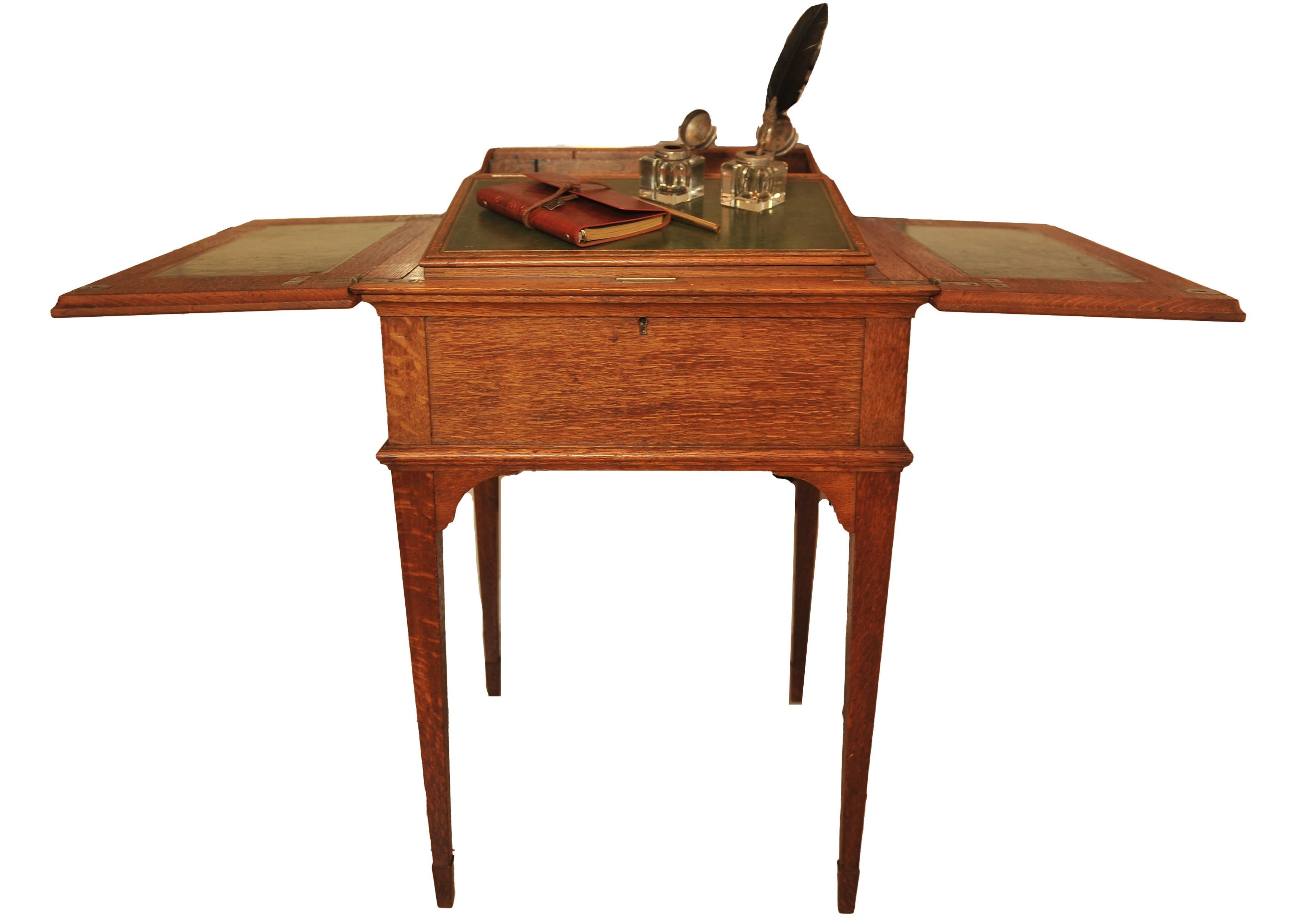 English Asprey & Co. London Oak & Tooled Racing Green Leather Pop-Up Writing Desk 1920s For Sale