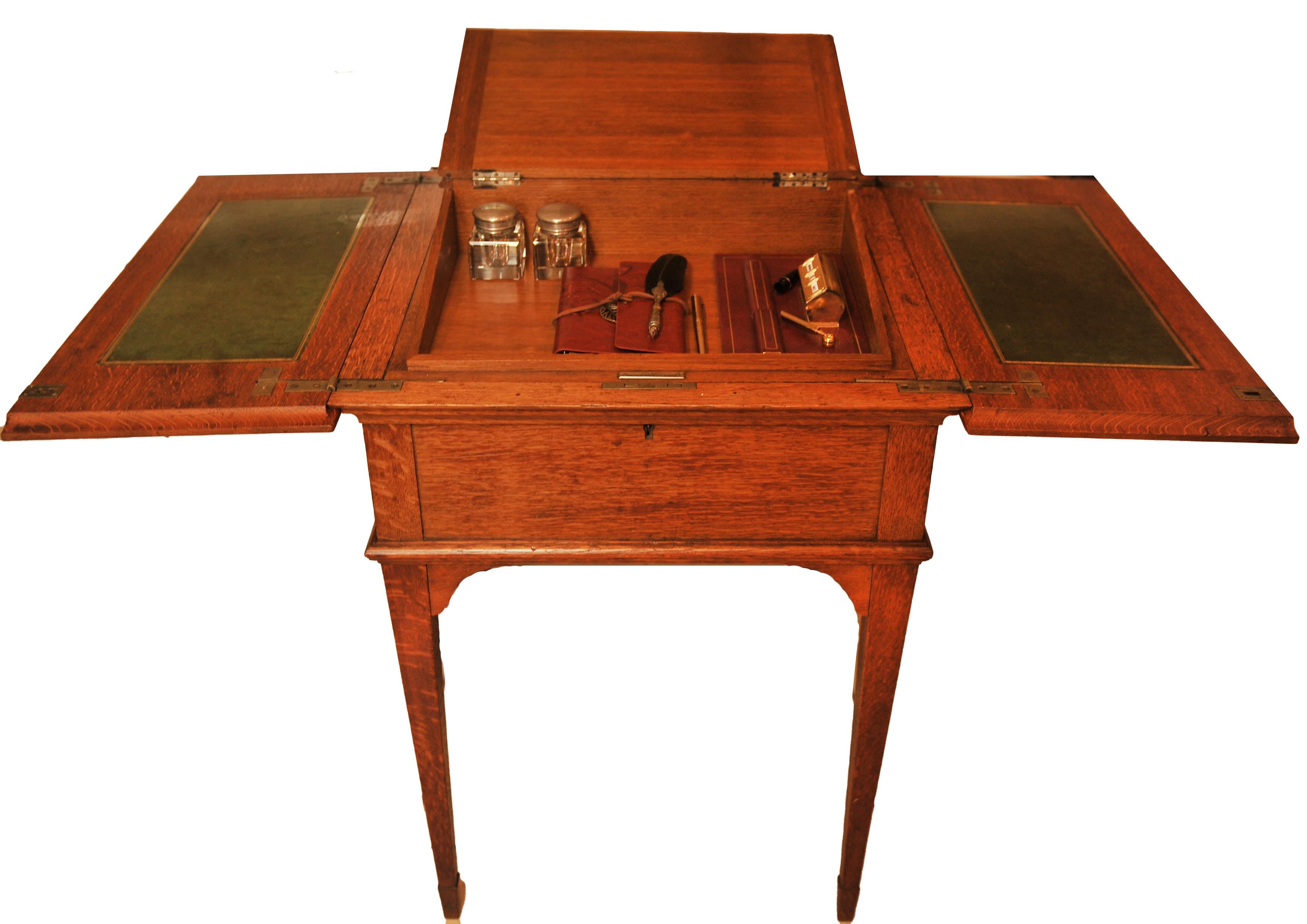Hand-Crafted Asprey & Co. London Oak & Tooled Racing Green Leather Pop-Up Writing Desk 1920s For Sale