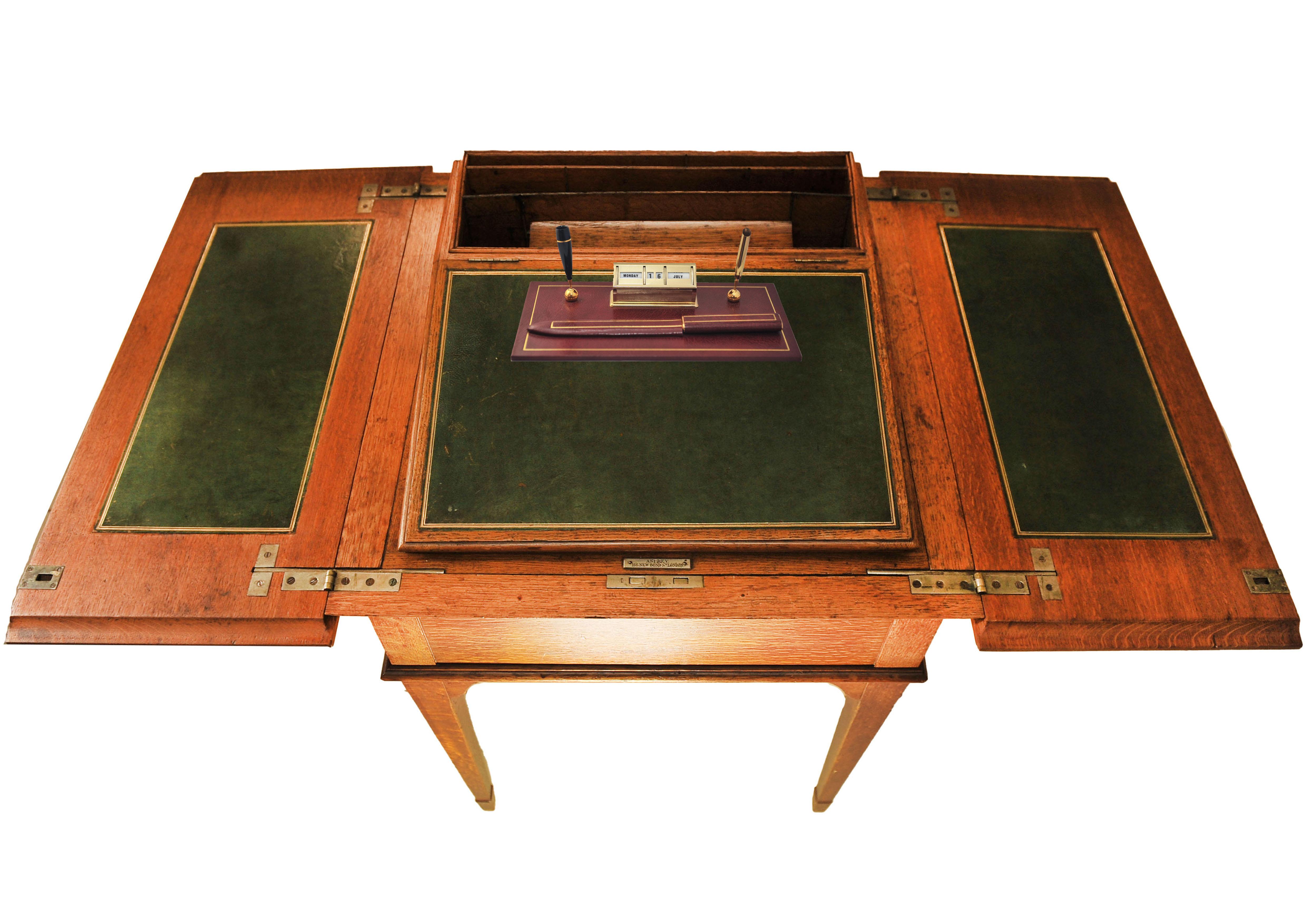 Asprey & Co. London Oak & Tooled Racing Green Leather Pop-Up Writing Desk 1920s In Good Condition For Sale In High Wycombe, GB