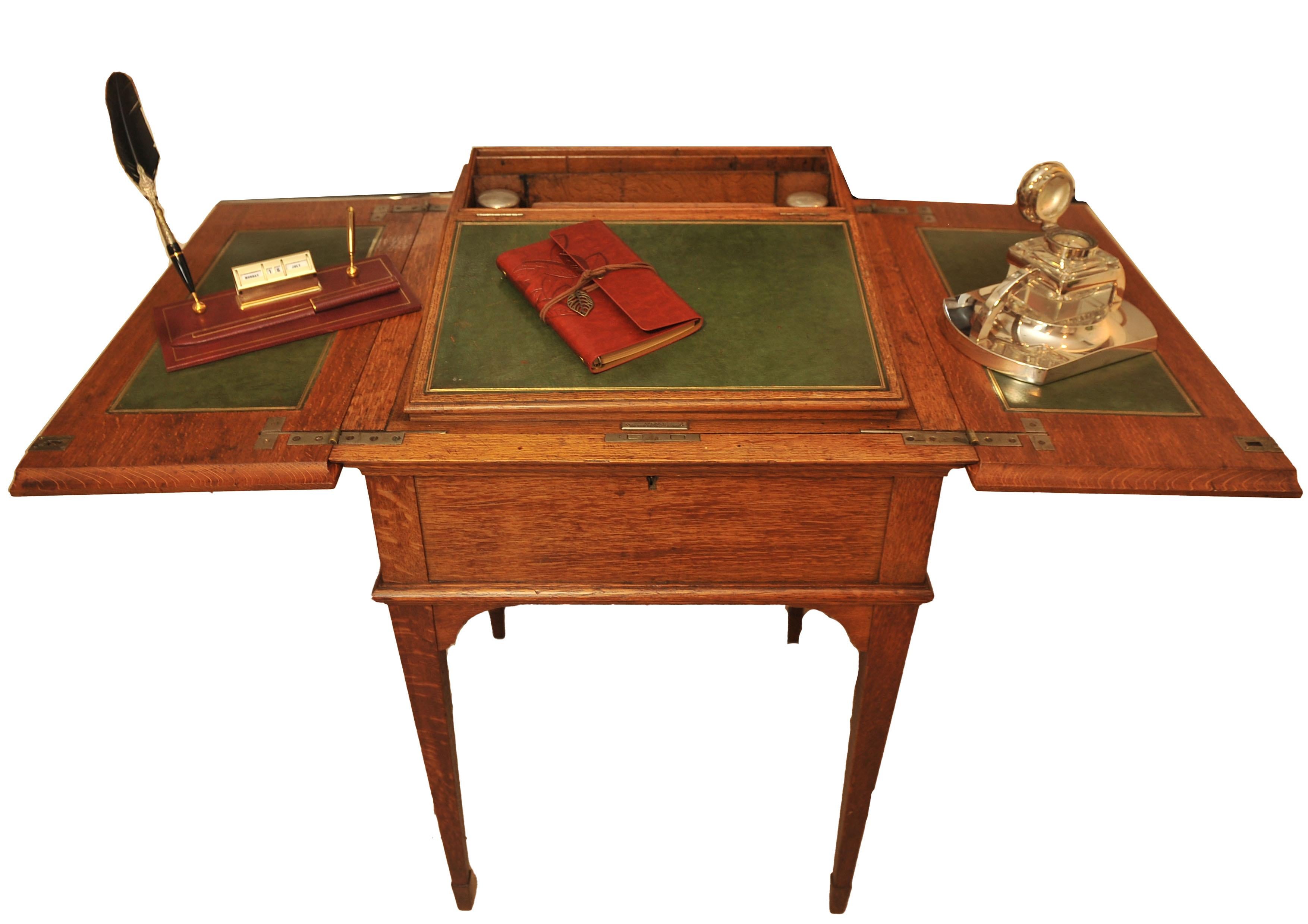 Early 20th Century Asprey & Co. London Oak & Tooled Racing Green Leather Pop-Up Writing Desk 1920s For Sale
