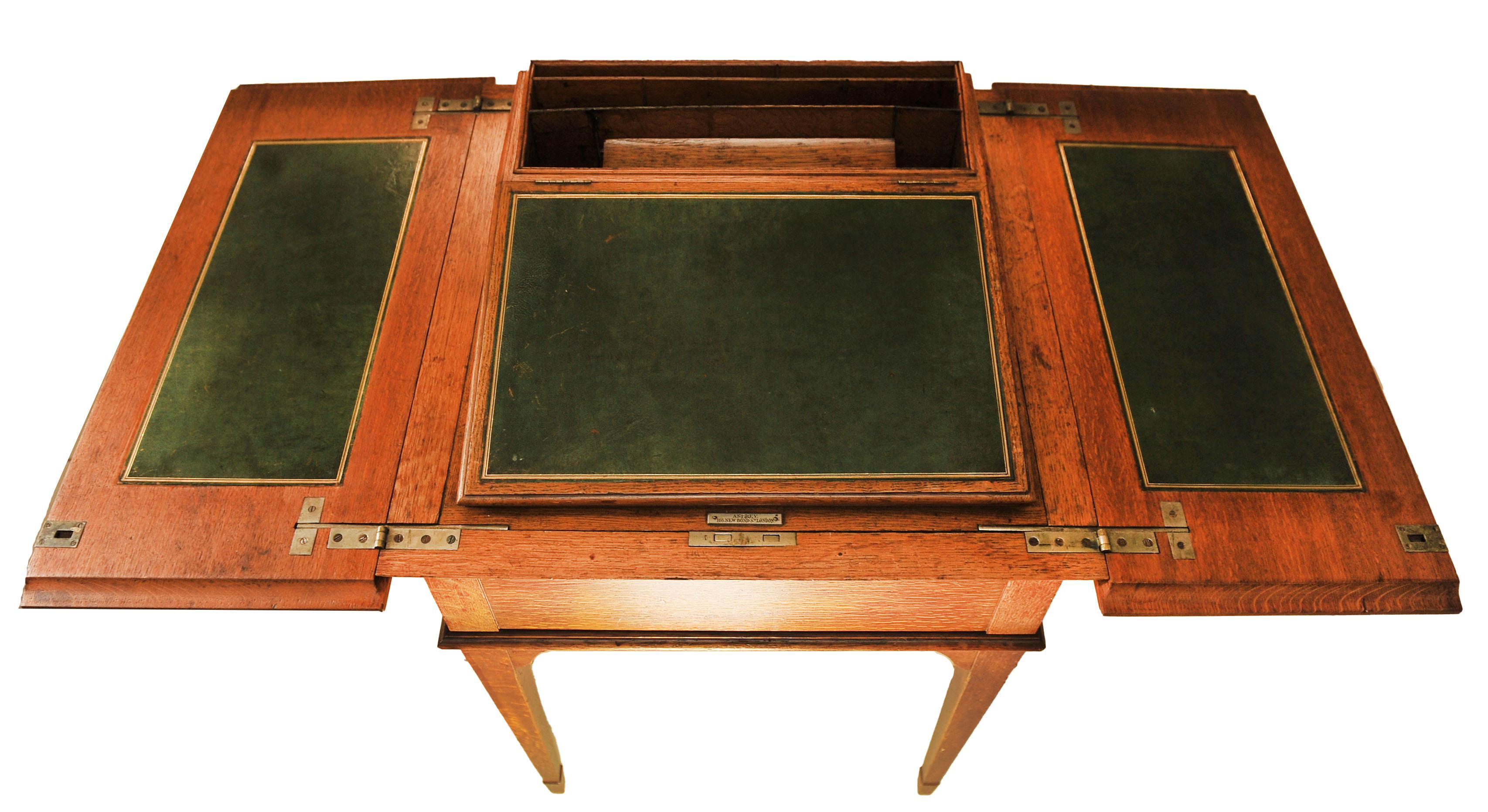 Asprey & Co. London Oak & Tooled Racing Green Leather Pop-Up Writing Desk 1920s For Sale 1