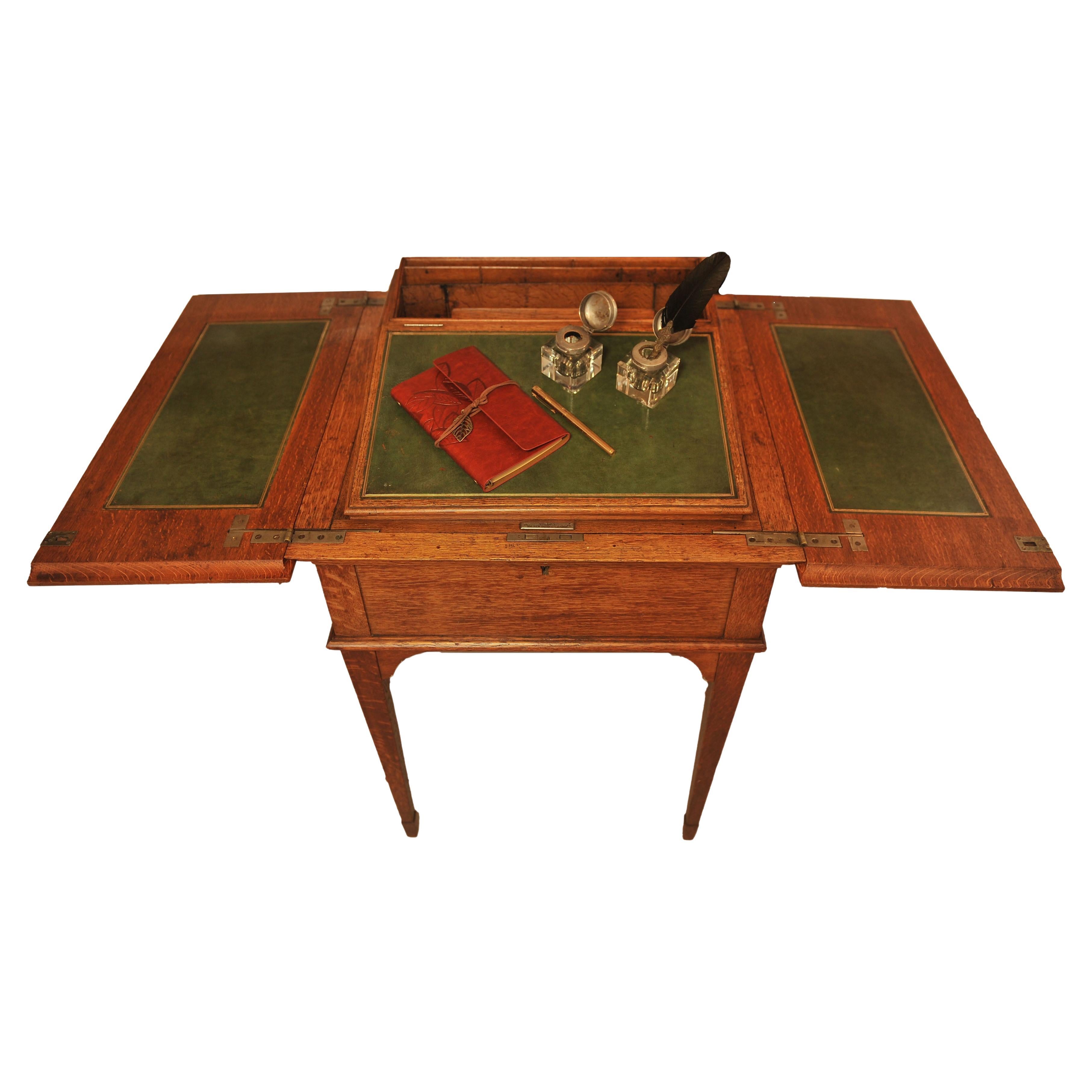 Asprey & Co. London Oak & Tooled Racing Green Leather Pop-Up Writing Desk 1920s For Sale