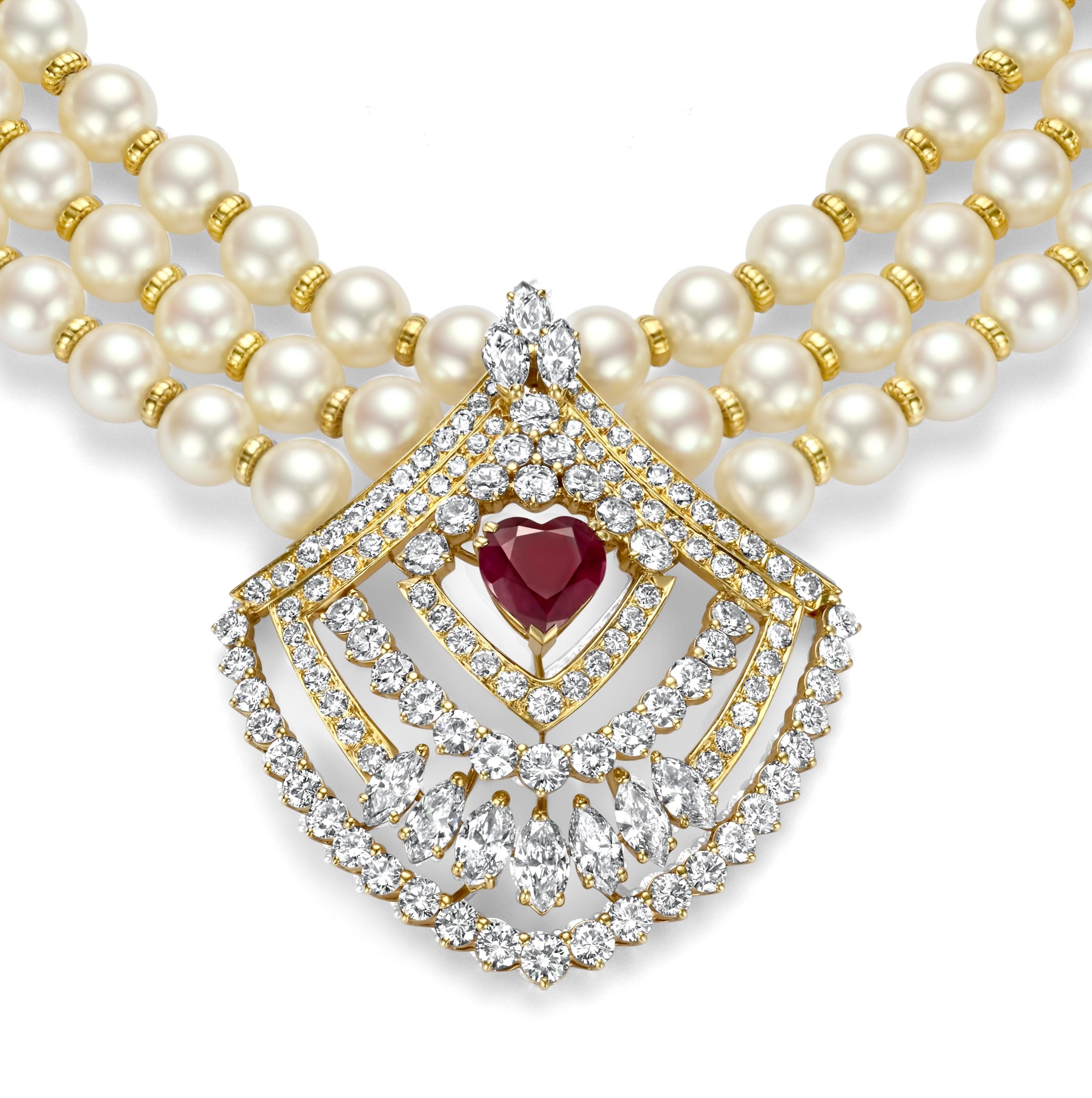Asprey Co London Gorgeous Necklace 3 Rows Pearls, 10 ct. Diamonds, 3.6 ct. Heart Shaped No Heat Ruby from Estate Sultan of Oman Qaboos Bin Said

Ruby: Natural, heart shaped, brilliant cut, vivid to deep red ruby, No indications of treatment 3.6 ct.