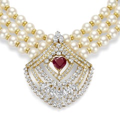 Asprey Co Necklace Pearls 10ct Diamonds, 3.6ct Heart NH Ruby, Estate Sultan Oman