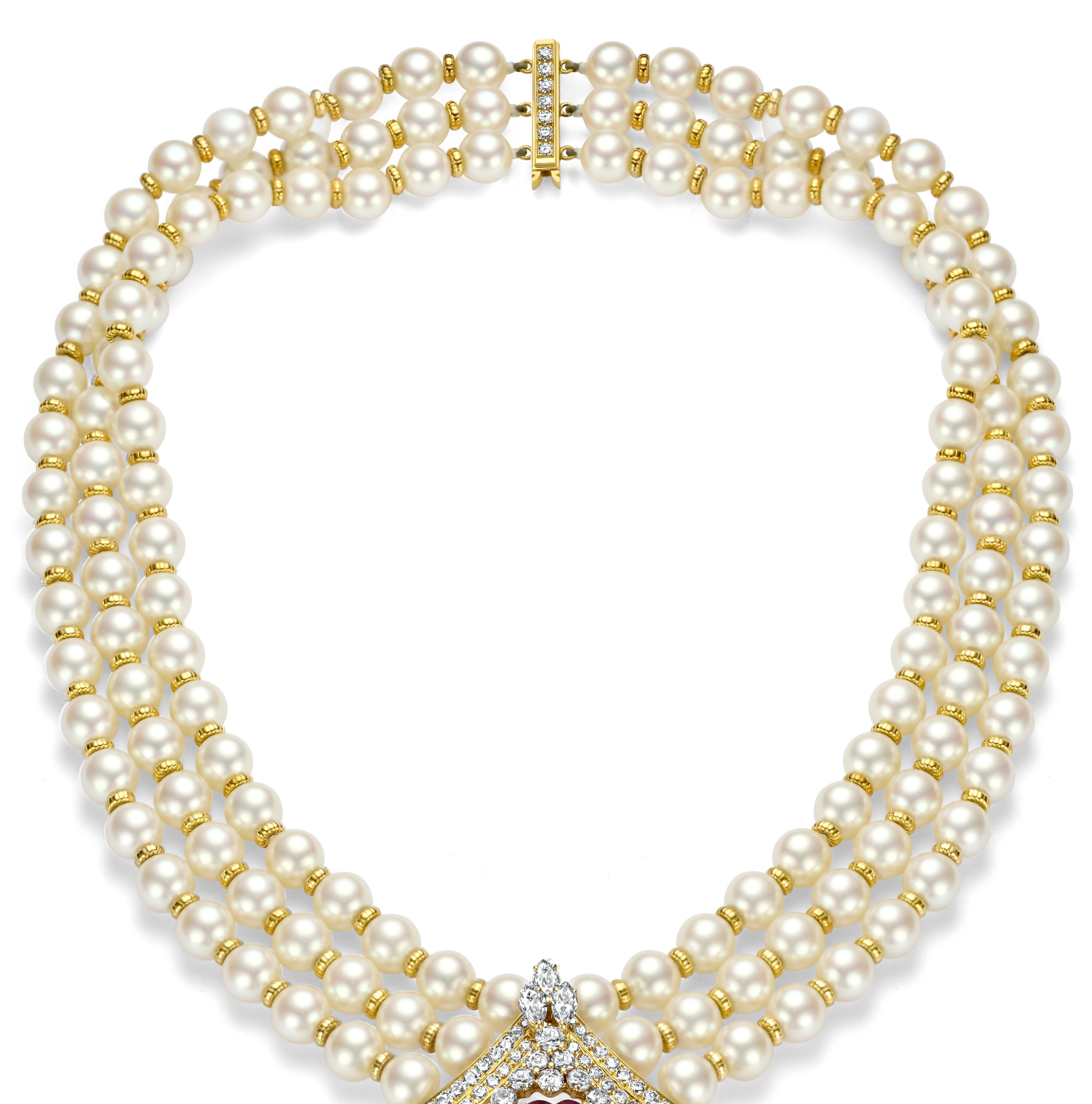 Heart Cut Asprey Co Necklace Pearls 10ct Diamonds, 3.6ct Heart NH Ruby, Estate Sultan Oman For Sale
